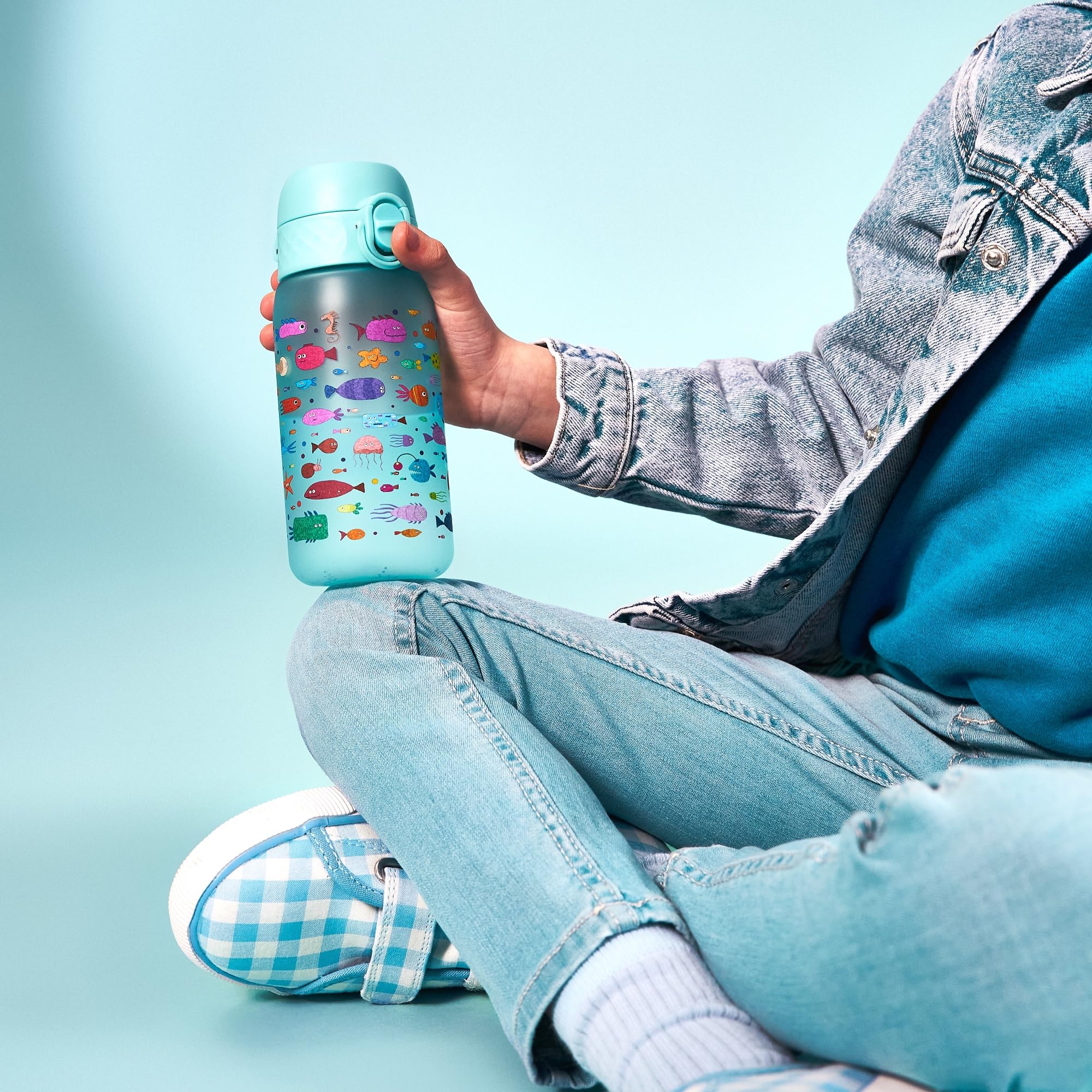 Ion8 Kid's One Touch 2.0 On-The-Go Printed Water Bottle - Leakproof and BPA-Free Water Bottle - Fits Car Cup Holders and Kid's Backpacks 12 oz / 350 ml - Fish
