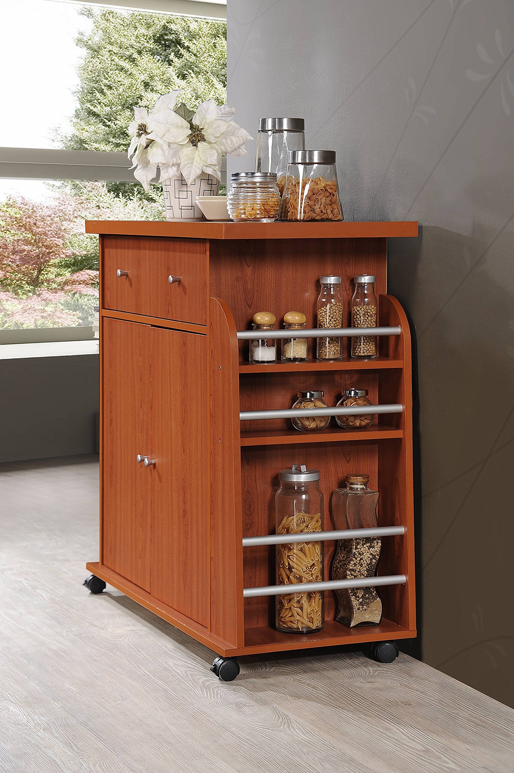 Hodedah Kitchen Cart with Spice Rack in Cherry