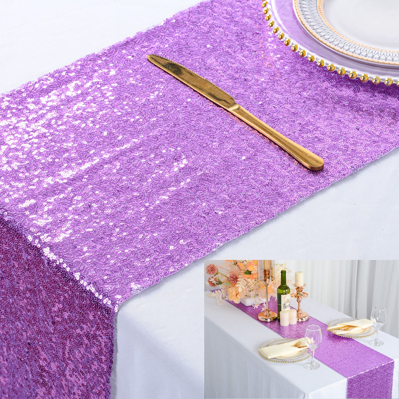 Shinybeauty 12X72-Inch Rectangle-Lavender-Sequin Table Runner- For Wedding/Party/Decor Lilac Table Runner Table Runner 72 Inches