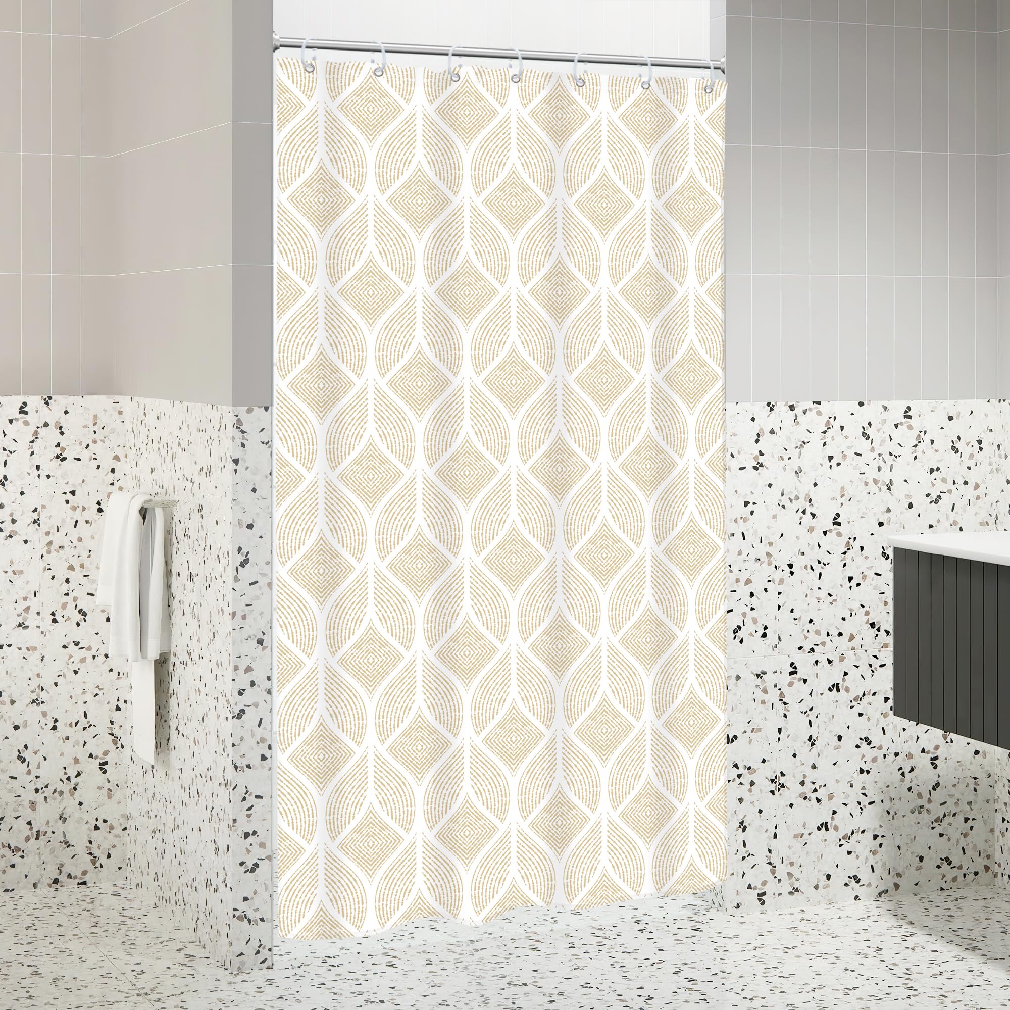 Riyidecor Small Stall Rv Beige White Shower Curtain Narrow Boho Abstract Modern Geometric Minimalist Single Half 36Wx72H Inch Si