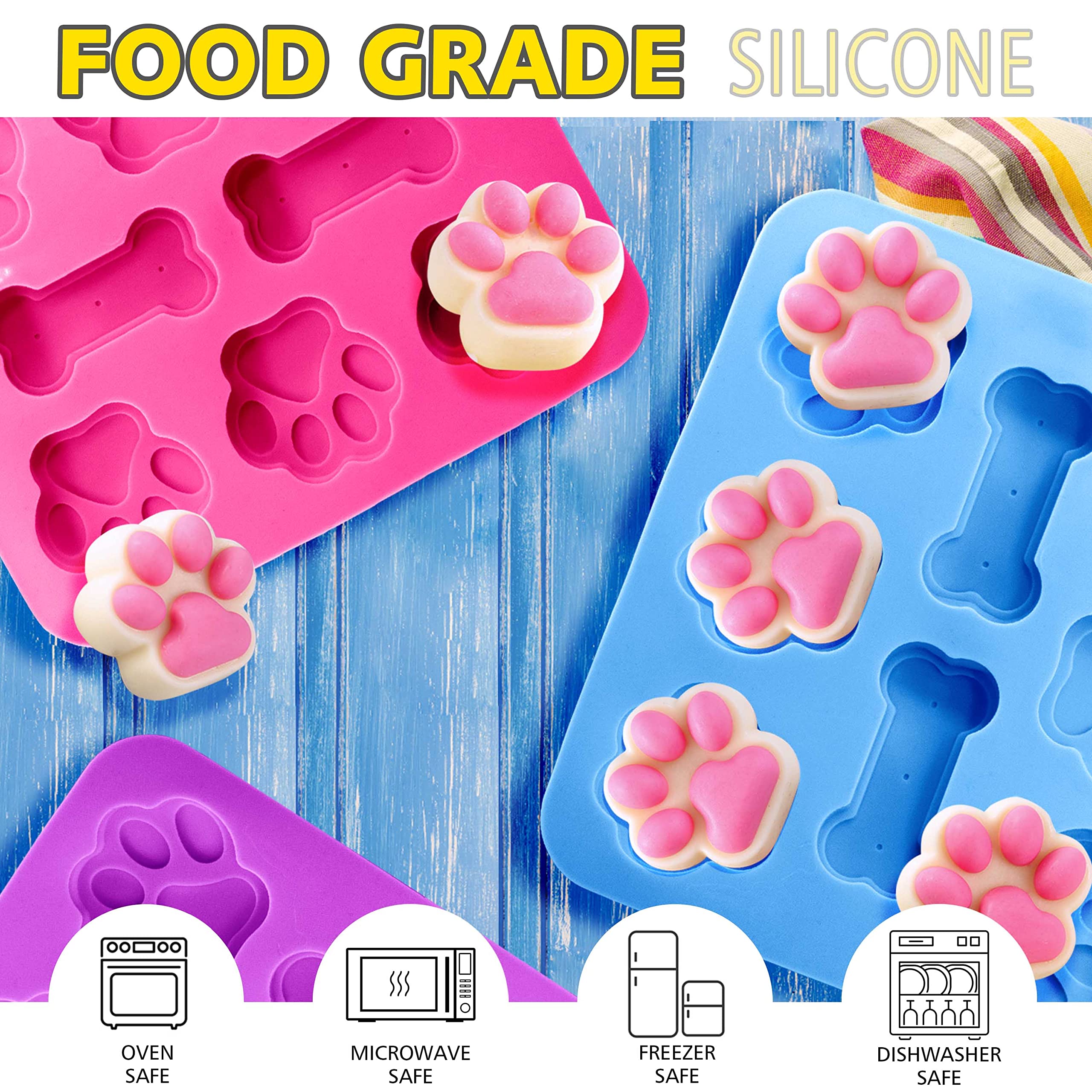 ANAEAT 3 Pack Silicone Molds with Puppy Dog Paw and Bone Shaped 2 in 1  Reusable Non-Stick Ice Cube Trays & Flexible Candy Chocolate Molds for Homemade Dog Treats  Pudding  Jelly & Baking Biscuits