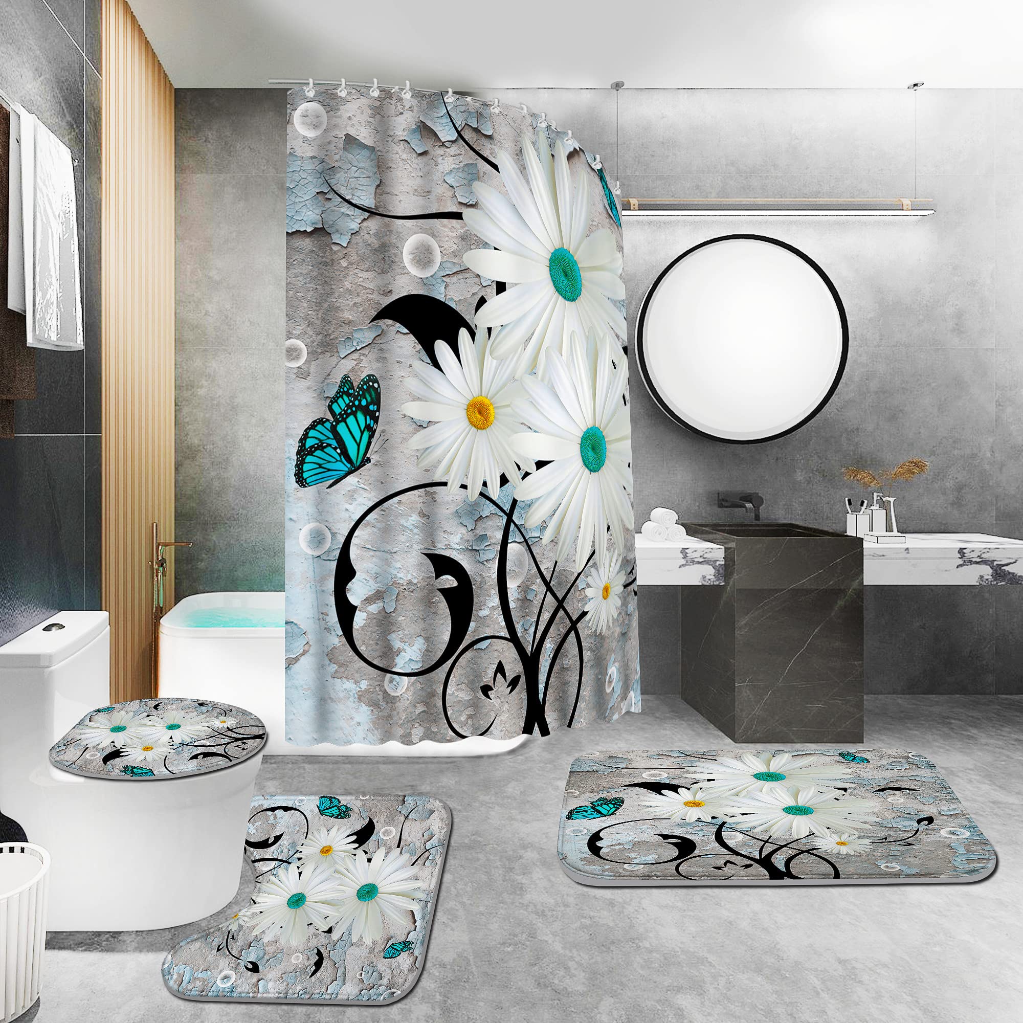 ENYORSEL 4 Piece Bathroom Shower Curtain Set with Rug  Chrysanthemum Bathroom Sets with Premium Shower Curtain and Non-Slip Bath Rugs  U-Shaped Floor Mat and Toilet Lid Oval Mat for Bathroom Decor