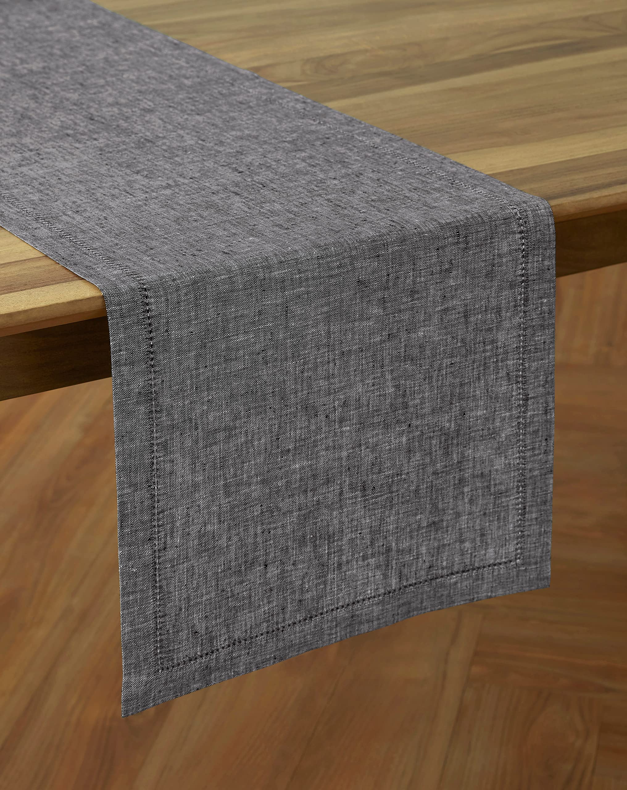 Solino Home Linen Table Runner 14 X 72 Inch - Chambray Black, 100% Pure Linen Hemstitch Table Runner For Spring, Summer, Dining