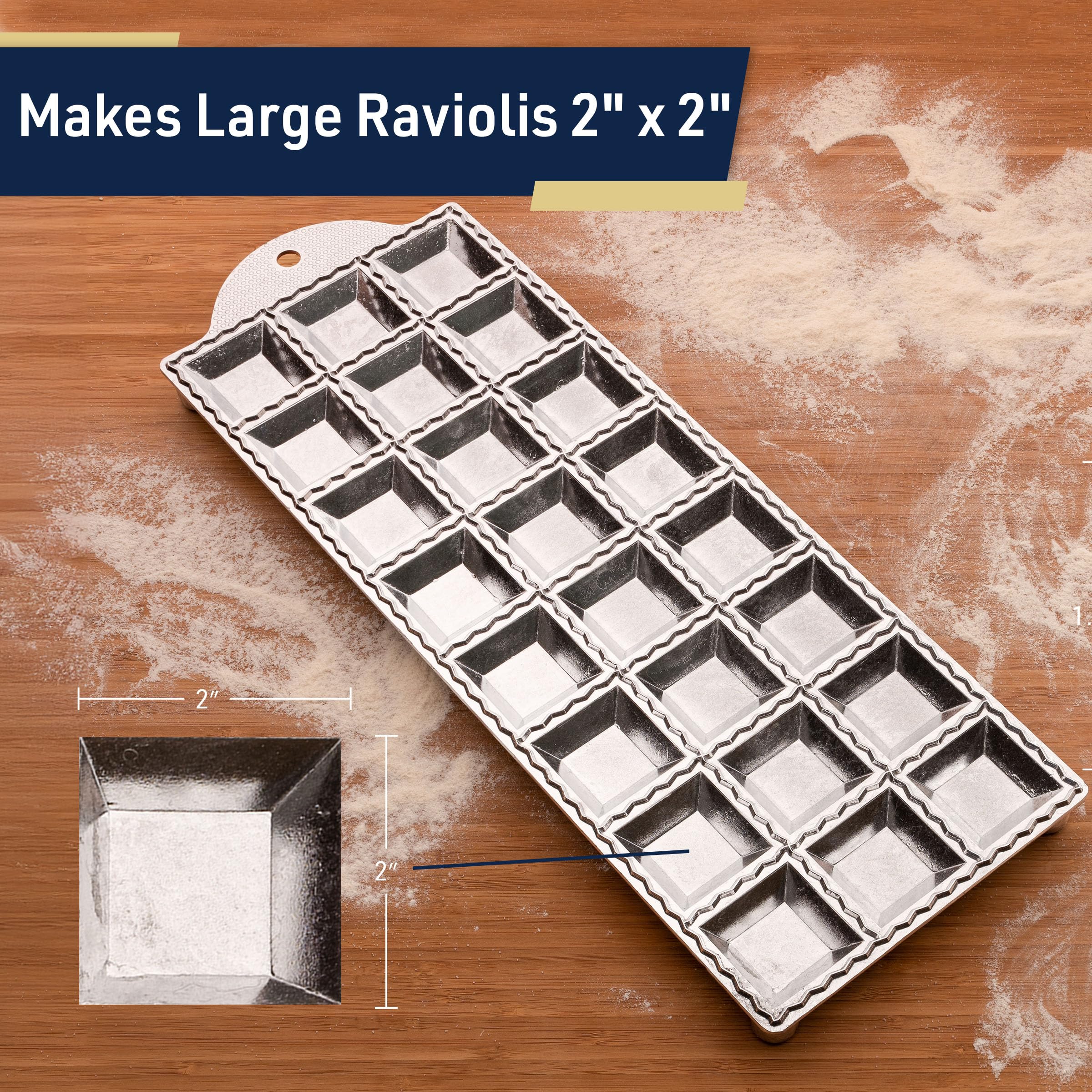 Kings County Tools Ravioli Mold Cutter - Makes 24 Square 2” Raviolis - Easy to Use with Wood Roller, Non-Slip Feet, Made in Italy