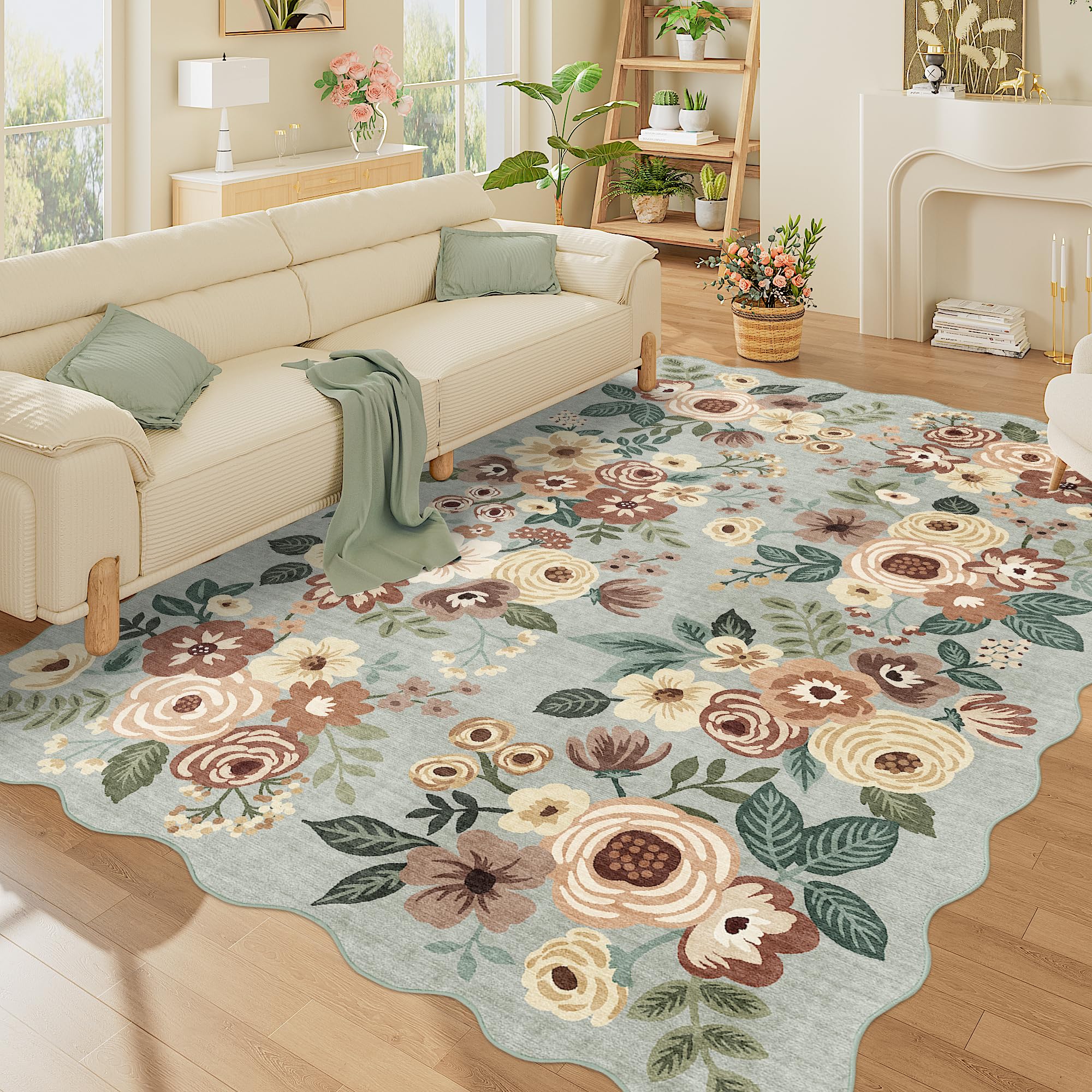 DUKINO 6x9 Area Rug, Floral Washable Rugs for Living Room with Non Slip Backing & Non-Shedding, Lightwight Low Pile Boho Design 