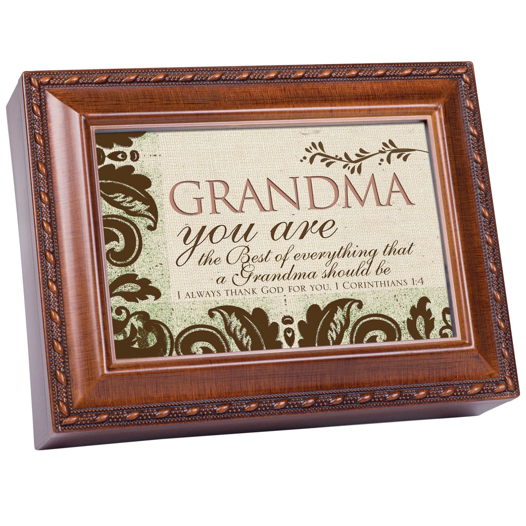 Cottage Garden Grandma Woodgrain Rope Trim Inspirational Music Box Plays How Great Thou Art