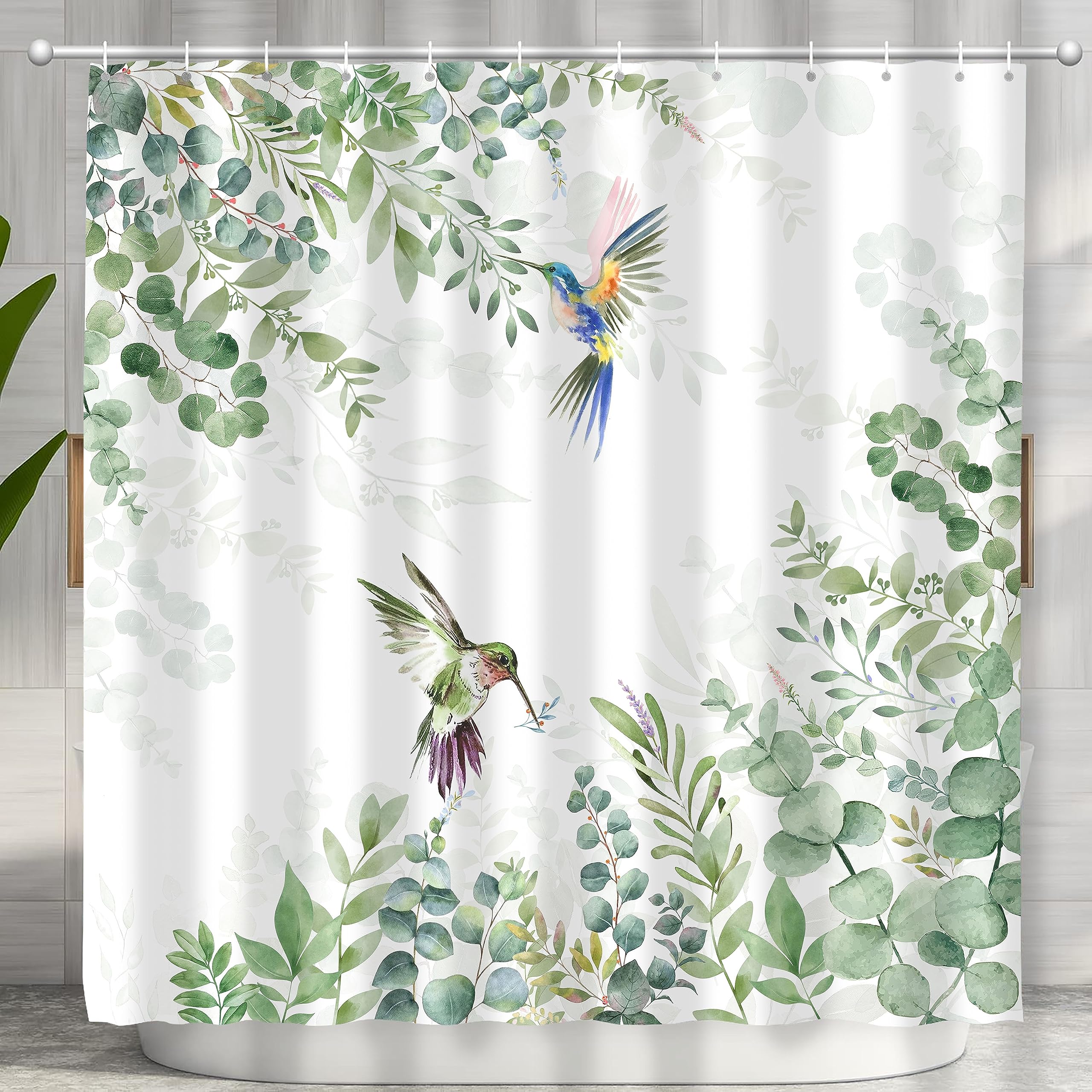Hummingbird Sage Green Eucalyptus Leaves Shower Curtain, Spring Summer Botanical Floral Bird Home Bathroom Decor, Polyester Cott