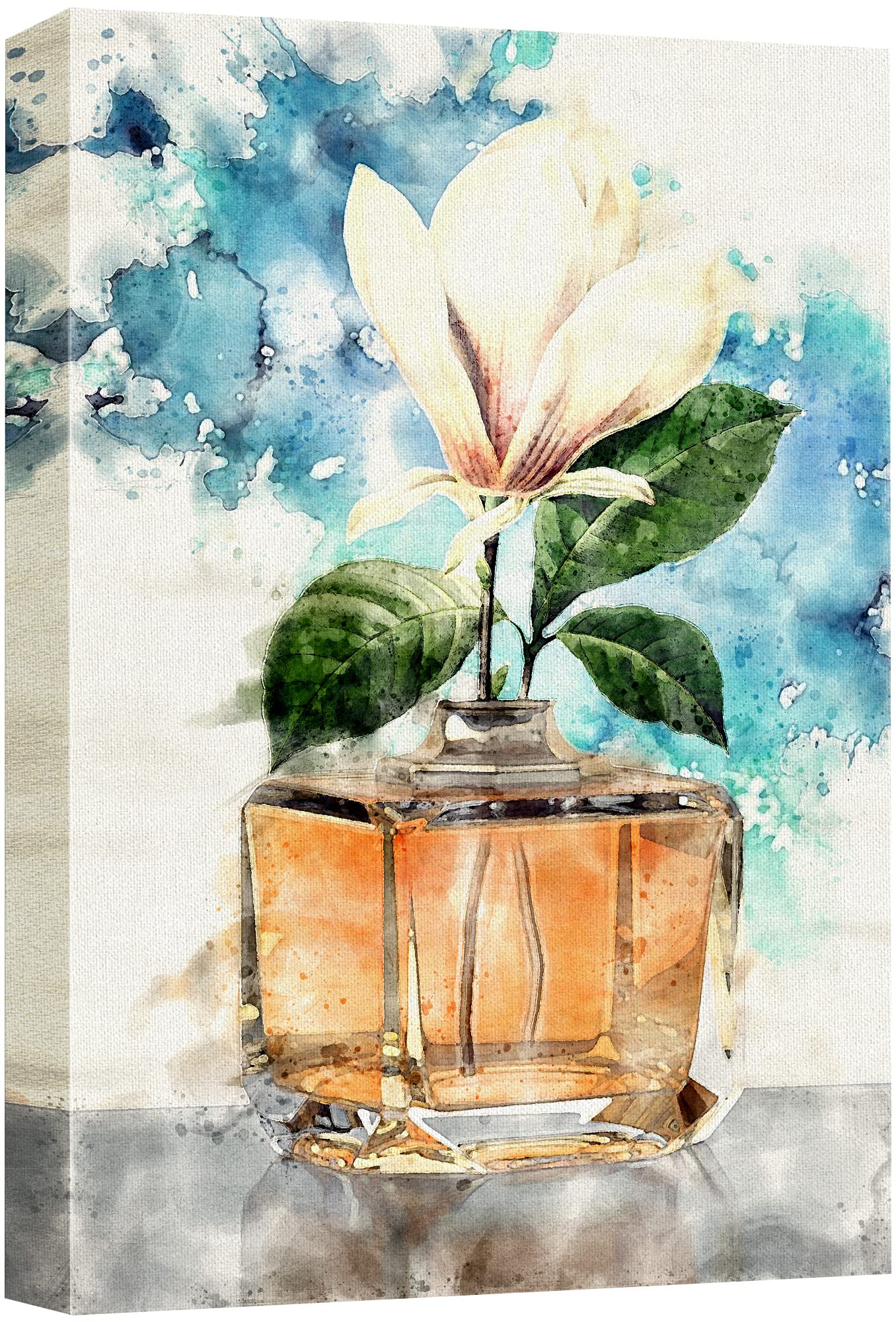 Wall26 Canvas Print Wall Art Orange Perfume Bottle With White Magnolia Flower Pop Culture Fashion Watercolor Modern Art Glam Mul