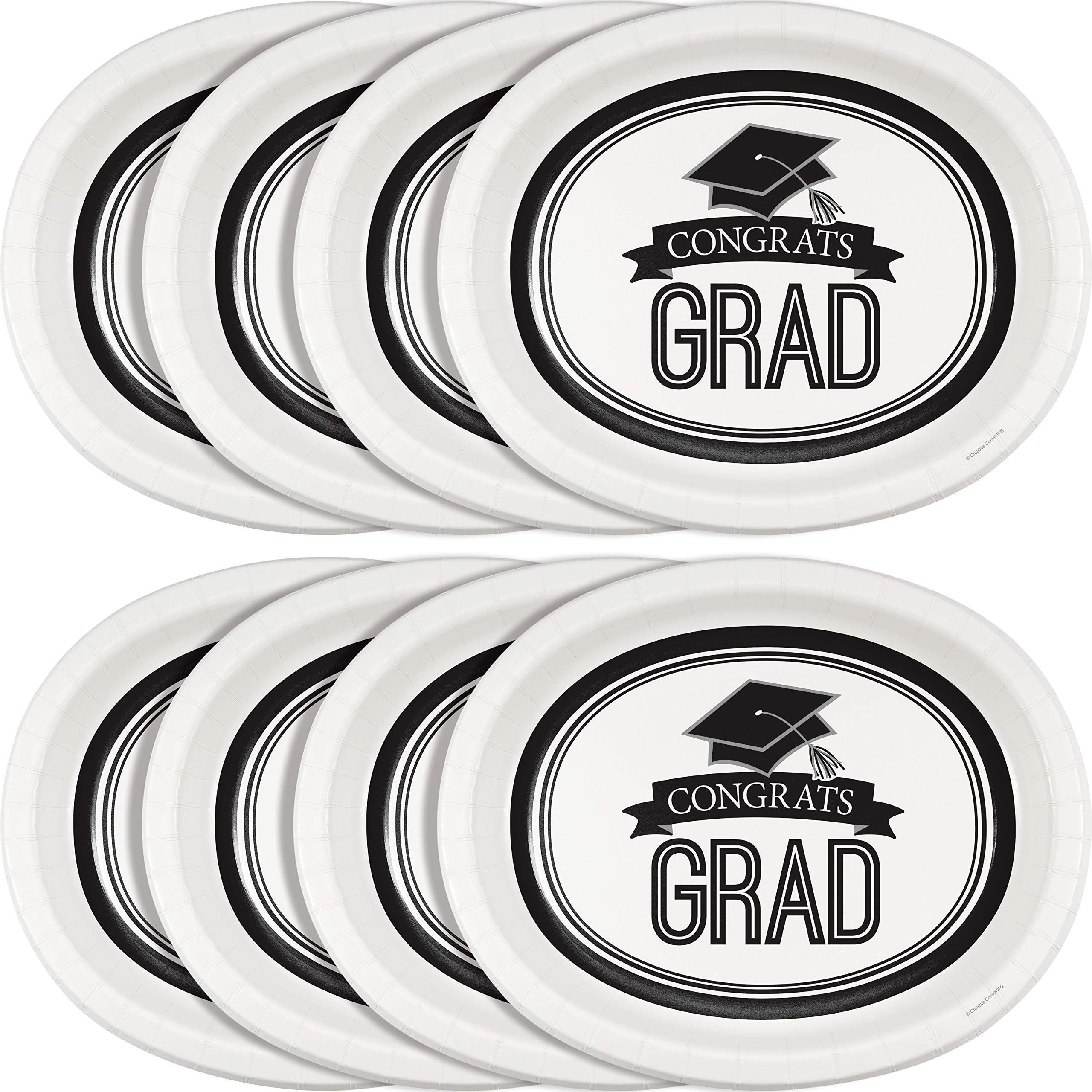 Creative Converting Congrats Grad White Pcs 8-Count Oval Paper Platters For Graduation Party, School Spirit