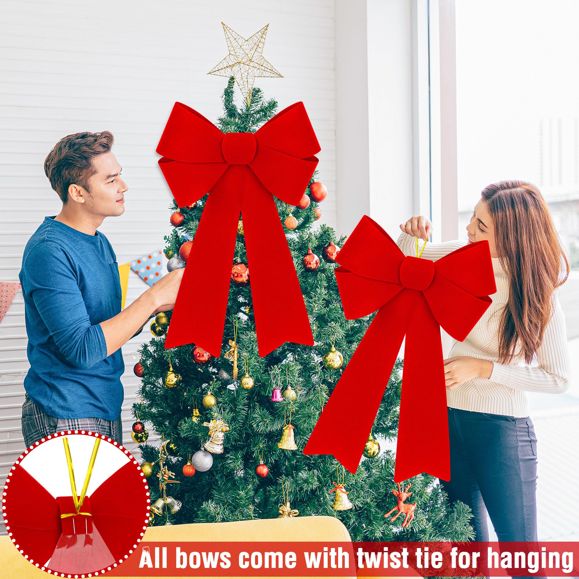 12 PCS Christmas Decorations, 12 x 18 Inches Large Christmas Bows, Red Velvet PVC Indoor Outdoor Christmas Tree Bows Wreath Bow
