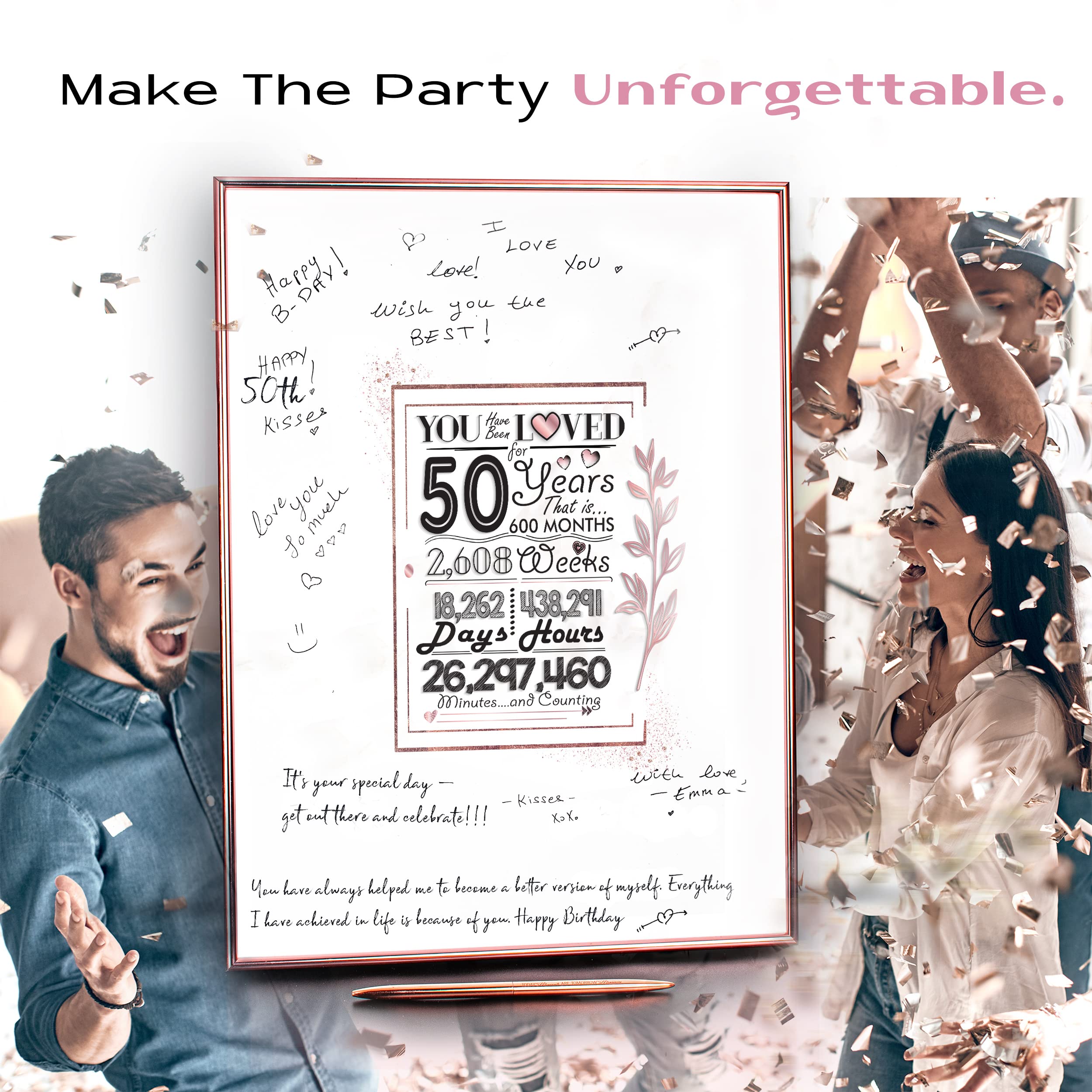 Framed 50Th Guest Book Alternative 12''X16'' - 50Th Birthday Decorations For Women - Ready To Hang & Stand Rose Gold Aluminum Fr