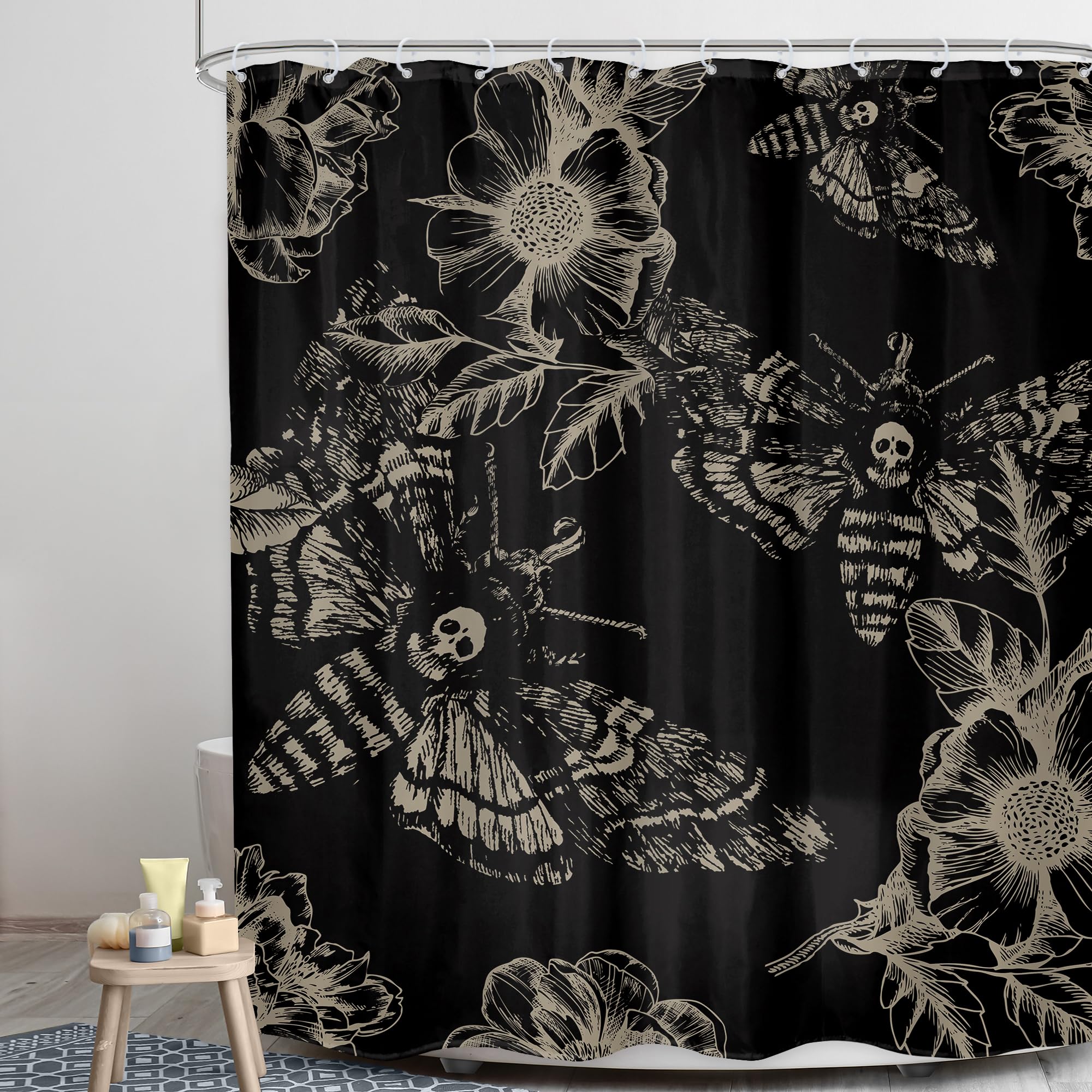 Lghtyro Gothic Skull Moth Shower Curtain Bathroom Set 60Wx71H Inches Witchy Scary Black Flower Death Head Botany Leaves Mysterio