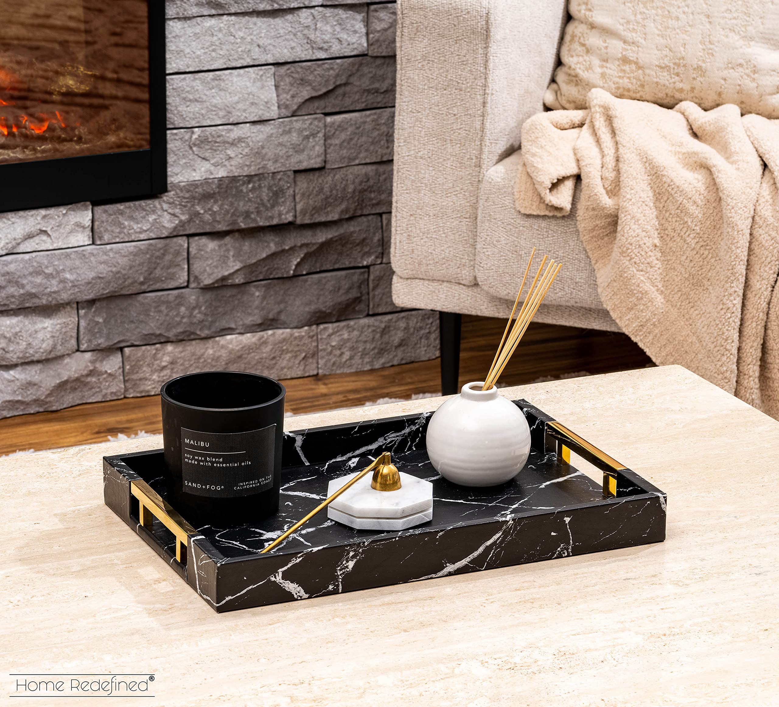 Home Redefined Modern Elegant 18''X12'' Rectangle Black Marble Faux Leather Decorative Ottoman Coffee Table Perfume Living Room