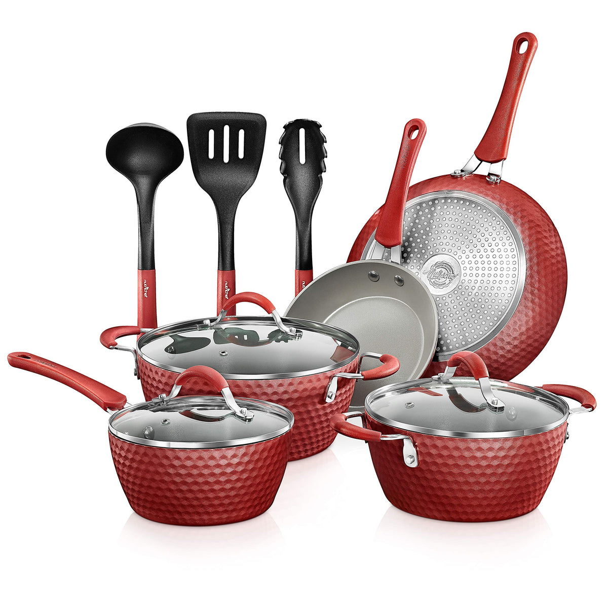 NutriChef 11-Pcs Non-Stick Kitchenware Pots & Pans - Stylish Kitchen Cookware Set w/Elegant Diamond Pattern, Gray Inside & Red O