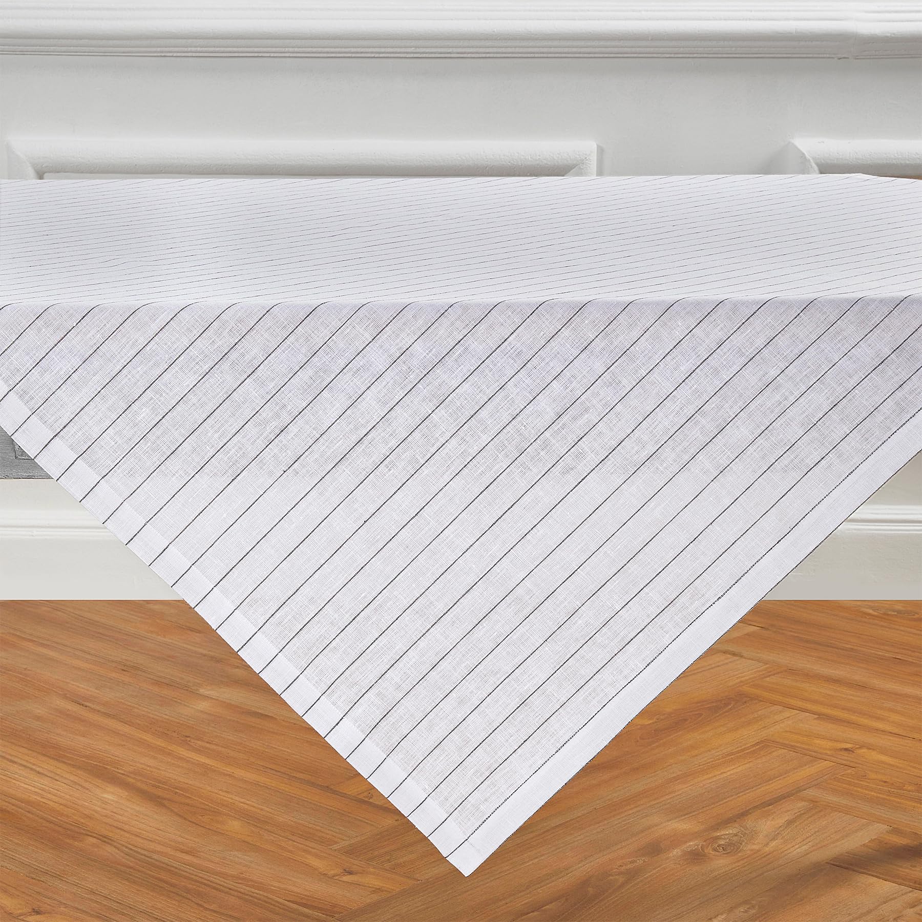 Solino Home Pinstripe Linen Tablecloth 52 X 52 Inch - 100% Pure Linen White And Black Table Throw For Spring, Easter - Handcraft