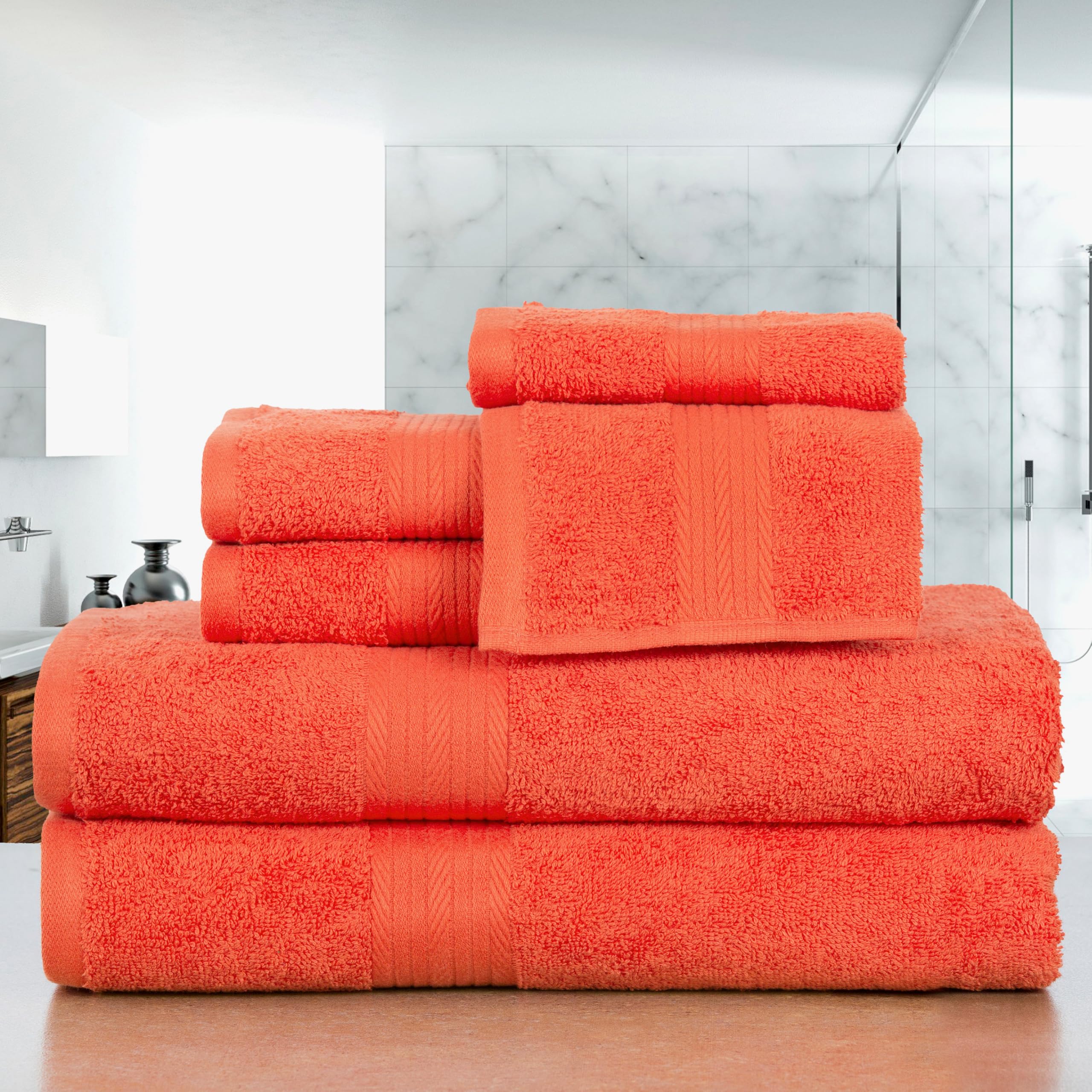 Ample Decor 100% Cotton Luxury 6 Piece Towels Set  2 Bath Towels  2 Hand Towels  2 Wash Cloths for Bathroom - Orange Towel Sets