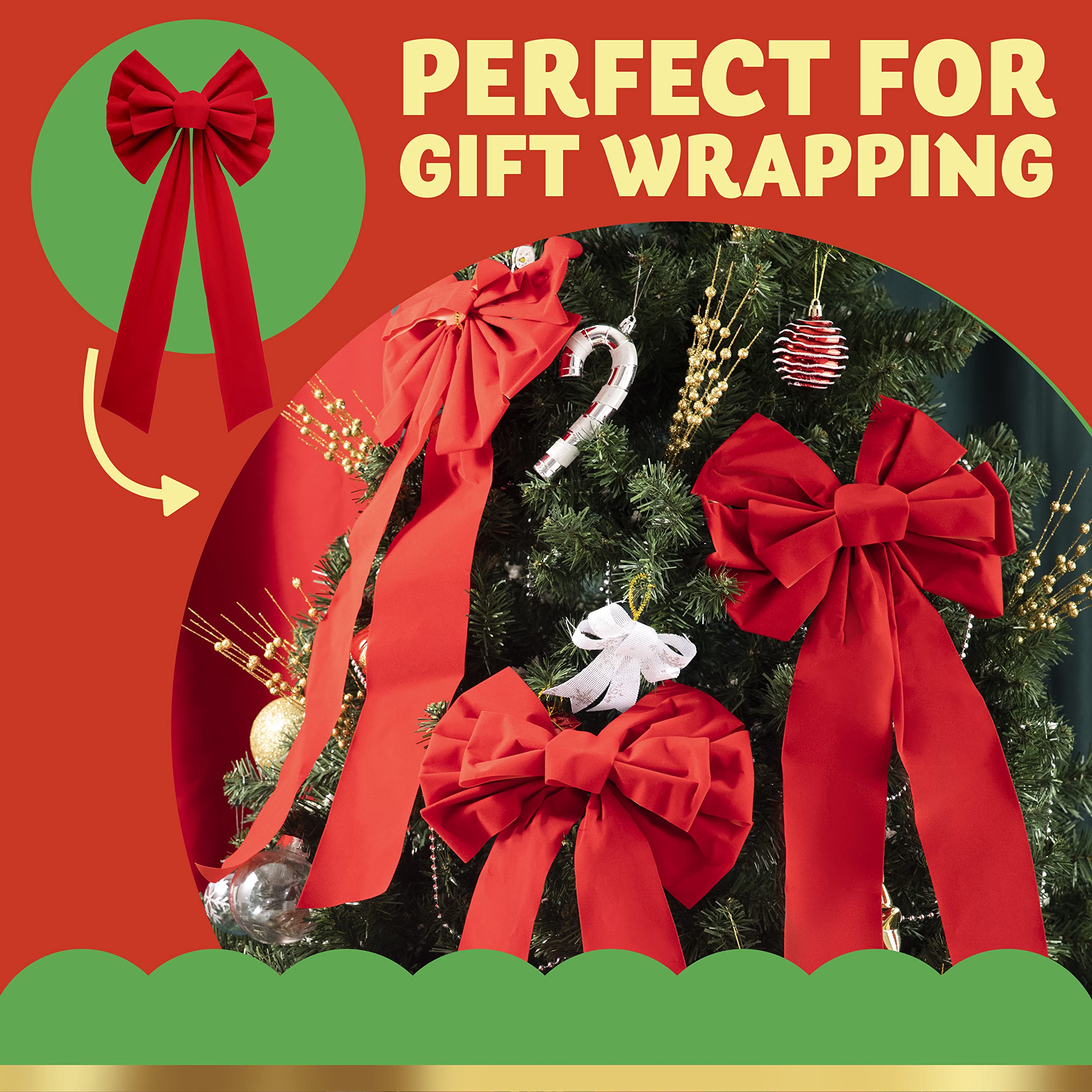 JOYIN 8 Pack Christmas Red Velvet Bows, 26 Long by 10 Wide Decorative Christmas Bows for Wreath Garland Tree Decor, Indoor Outdo