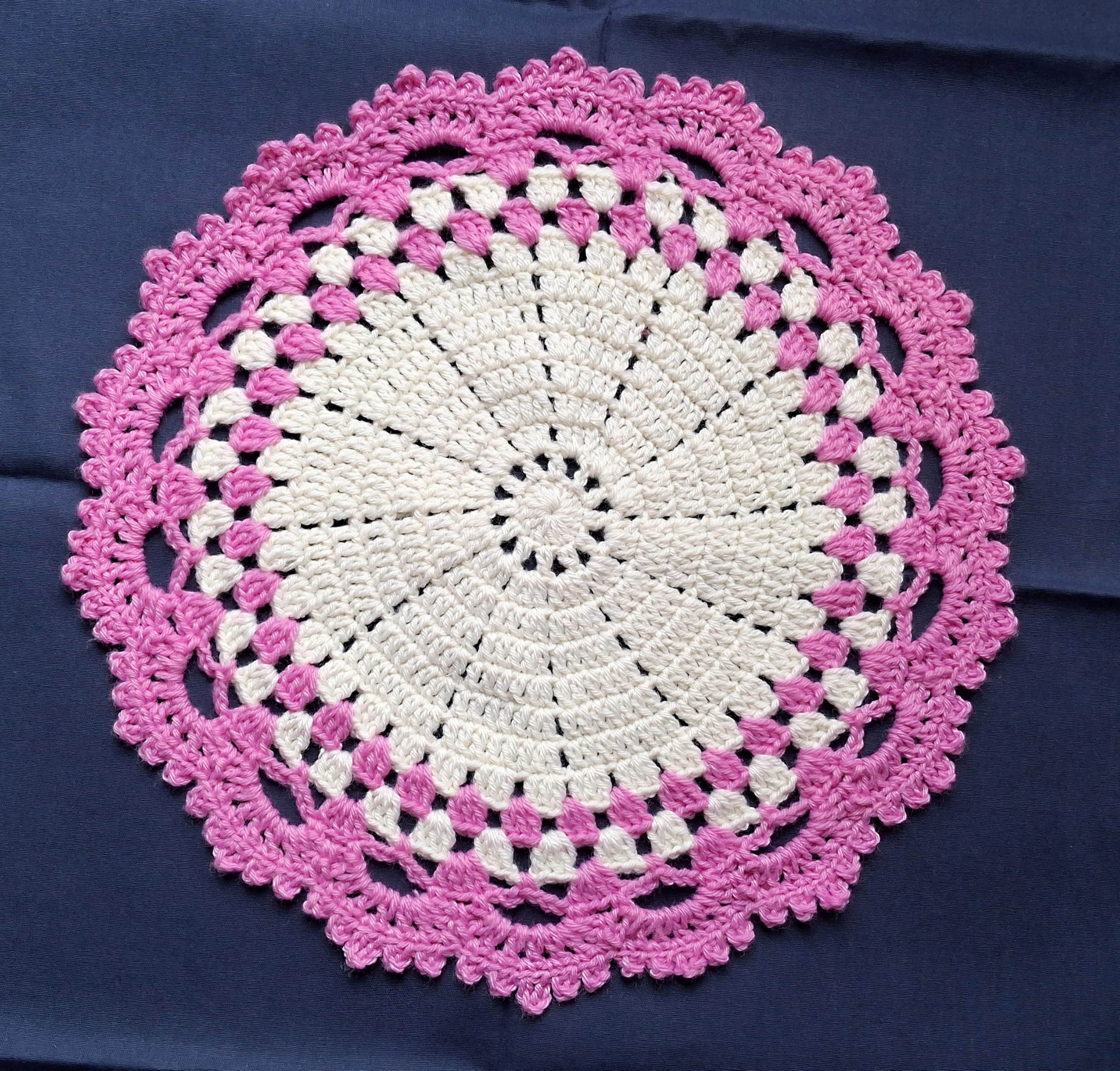 Crochet Woolen Round Table Mat (12inch) Off White and Light Violet Color