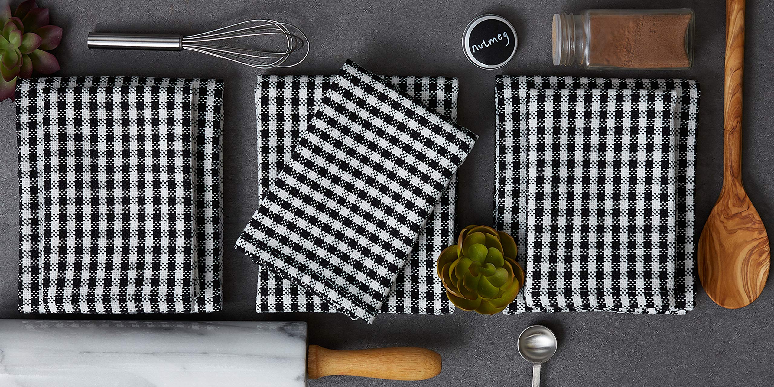 Dii French Check Kitchen Collection Decorative Oversized Cotton Dishtowels, Assorted Set, Black, 6 Piece