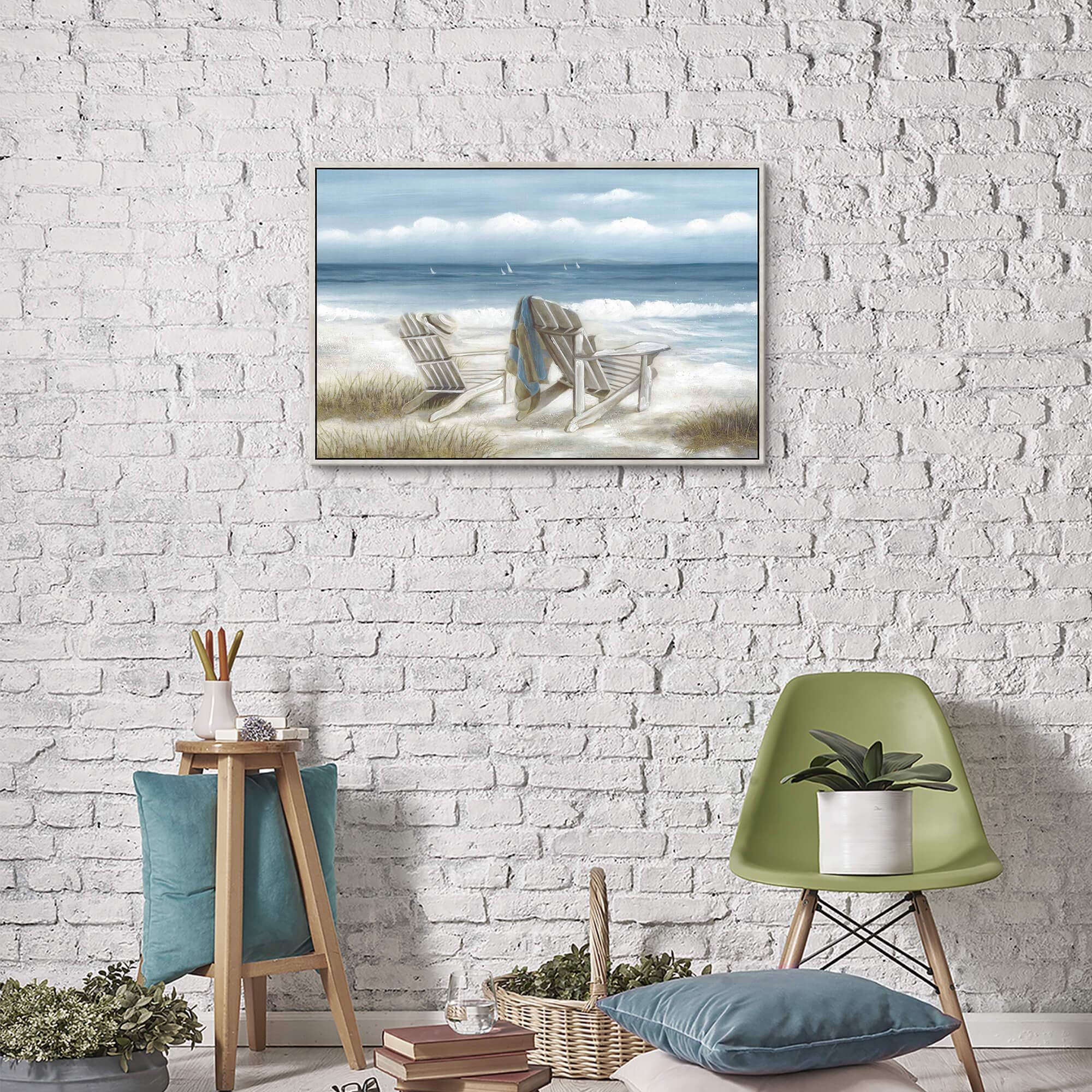 Abstract Beach Canvas Artwork Framed: Sand Chair Wall Art Seascape Painting Print For Living Room (36'' W X 24'' H, Multiple Siz