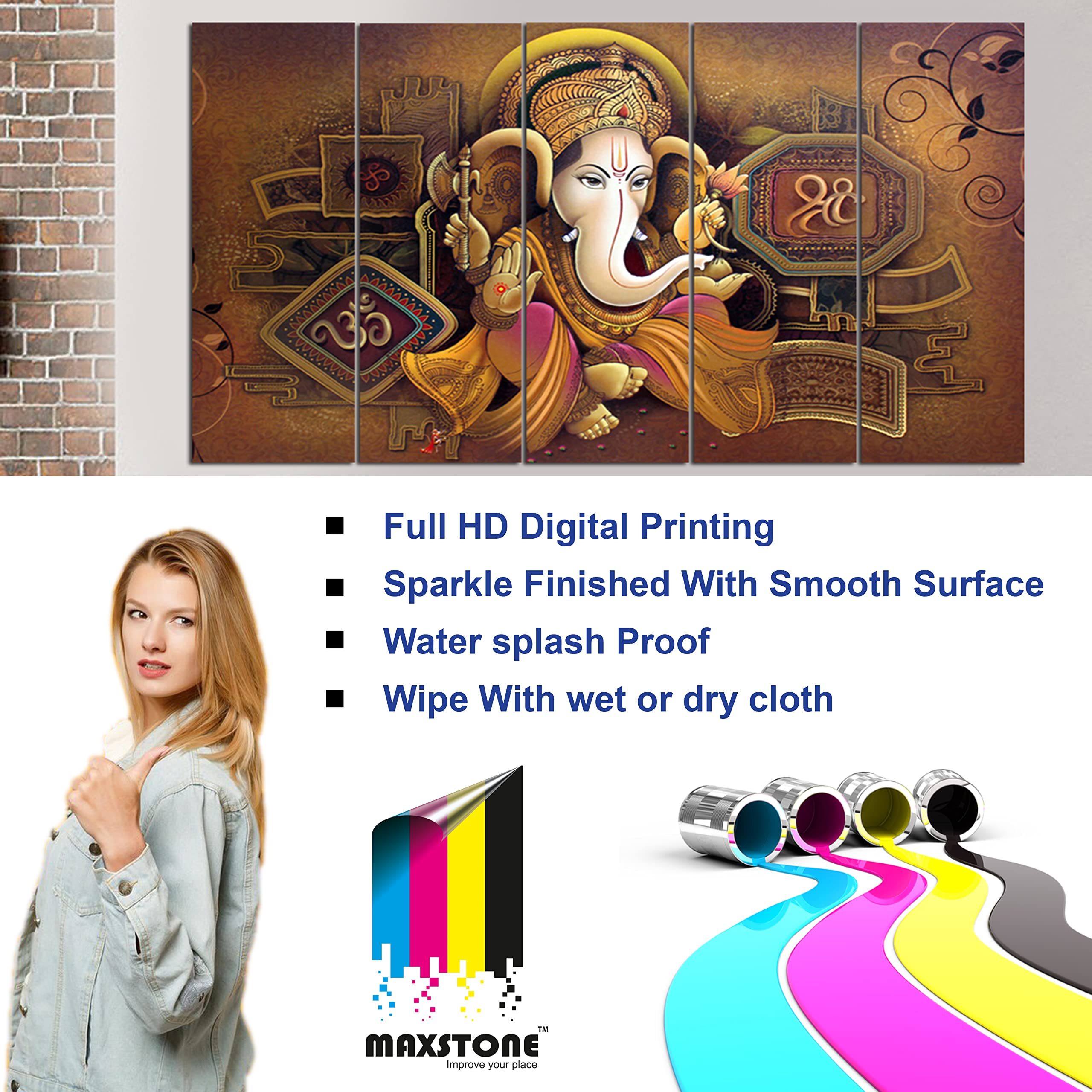 Maxstone Big Size Multiple Frames Ganesh ji Wall Painting for Living Room, Bedroom, Home, Office, Drawing Room, Hotels Decor Woo