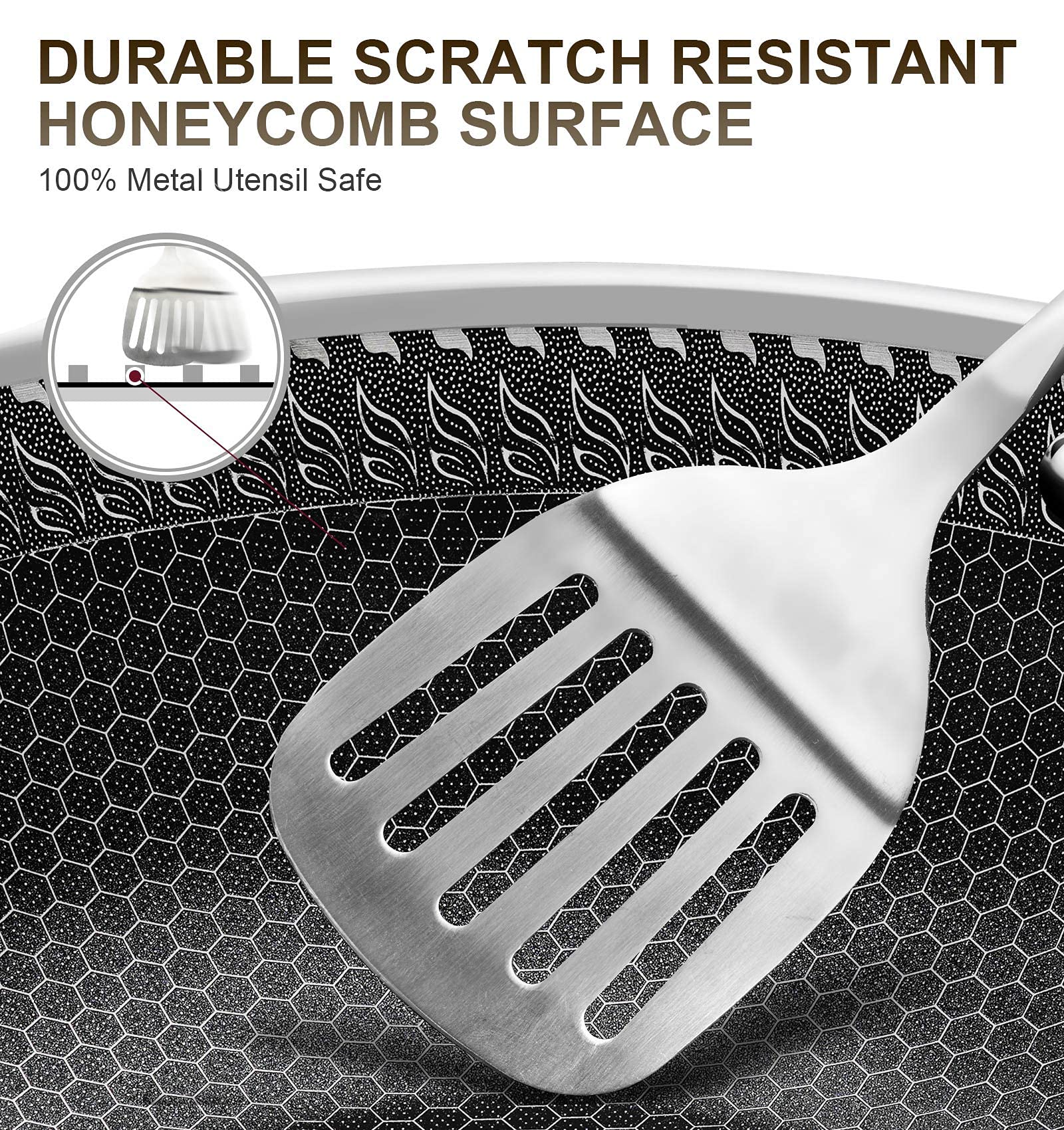 Michelangelo 12 Inch Stainless Steel Frying Pan With Lid, Nonstick With Honeycomb Coating, Triply Skillet - Induction Compatible