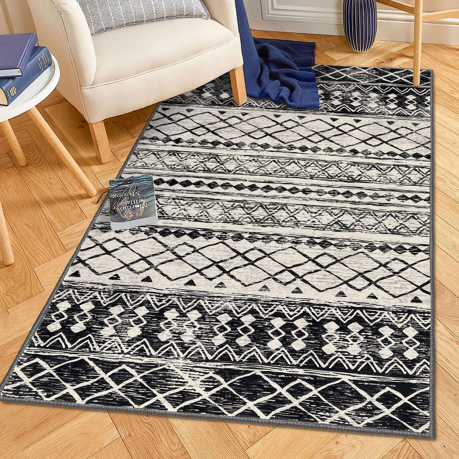 KUTA 3x5 Black Navy Blue Boho Rug for Living Room, Moroccan Washable Kitchen Rugs Non Slip, Ultra Soft Print Geometric Entry Rug