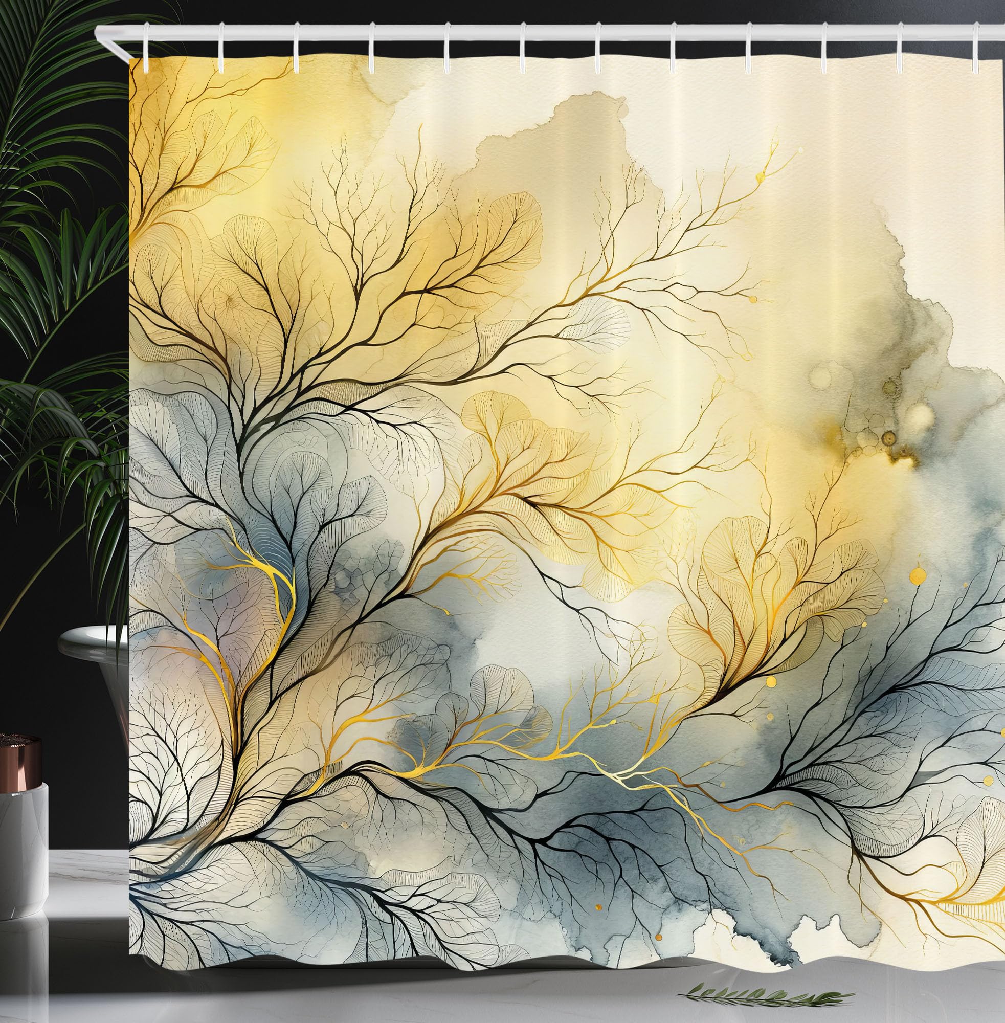 Ambesonne Yellow Shower Curtain, Autumnal Melancholy Leafless Branches On Dreamy Watercolor Look Back, Cloth Fabric Bathroom Dec