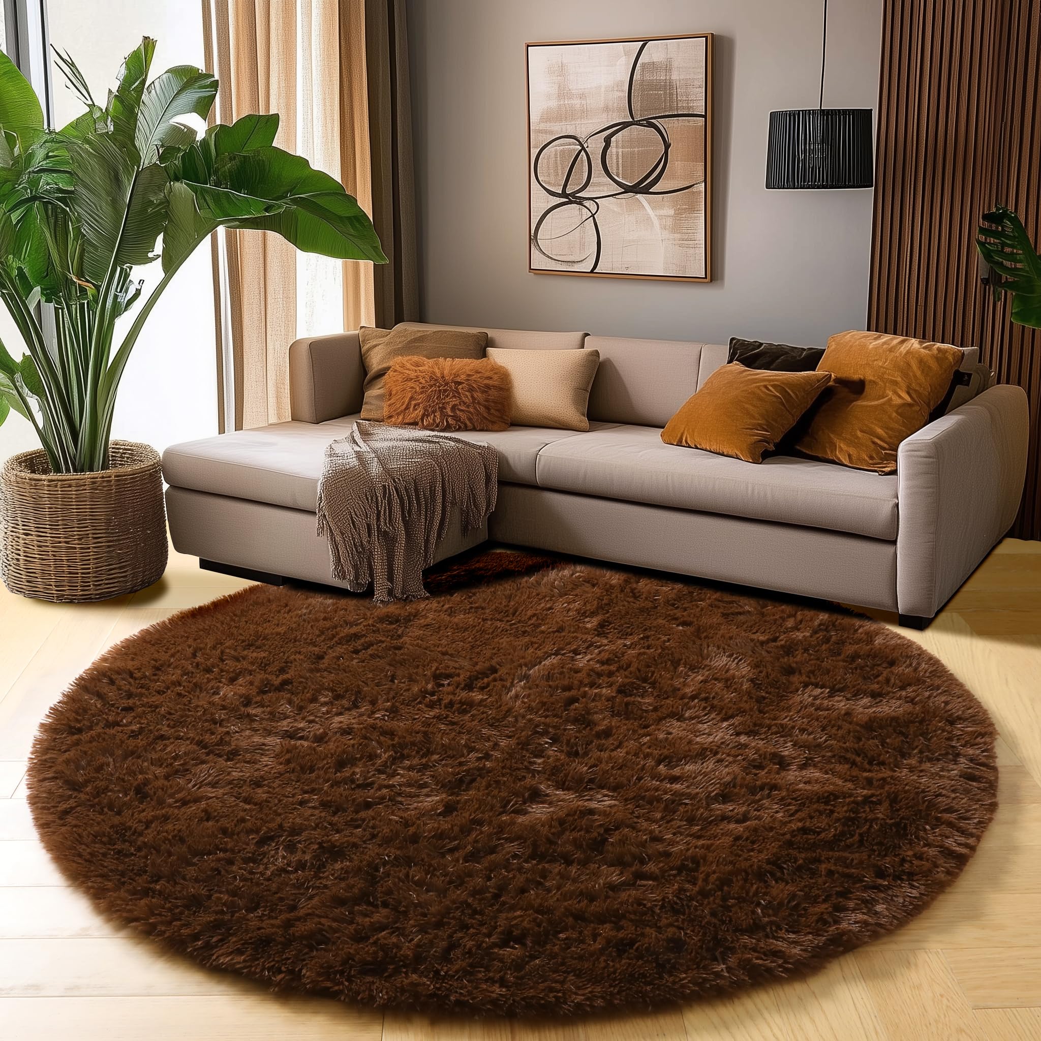 Amdrebio Dark Brown Round Circle Rugs 5Ft for Bedroom, Fluffy Shag Plush Area Rugs for Kids Room, Living Room Decor Aesthetic, F