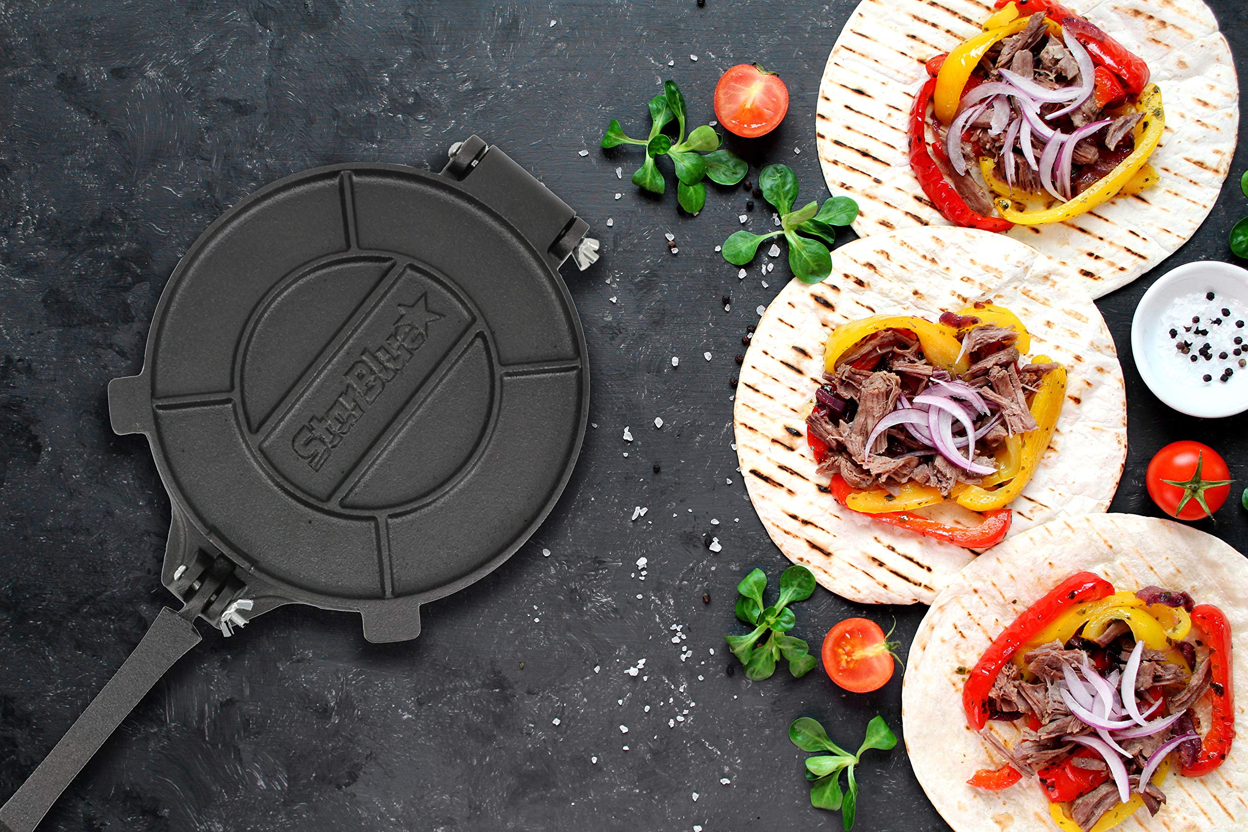 8 Inch Cast Iron Tortilla Press By Starblue With Free 100 Pieces Oil Paper And Recipes E-Book - Tool To Make Indian Style Chapat
