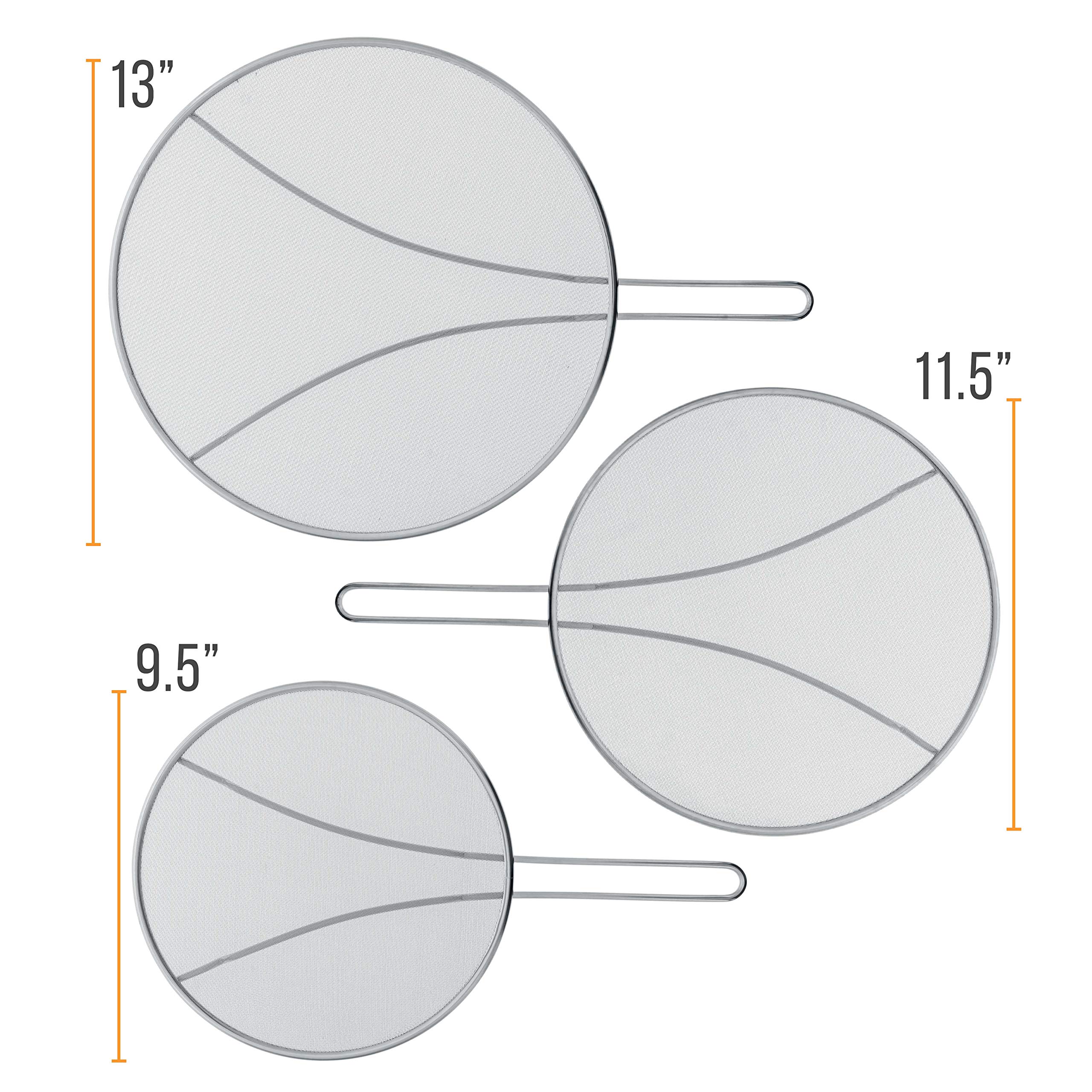 U.S. Kitchen Supply 13'', 11.5'', 9.5'' Stainless Steel Fine Mesh Splatter Screen With Resting Feet Set - Use On Boiling Pots, F