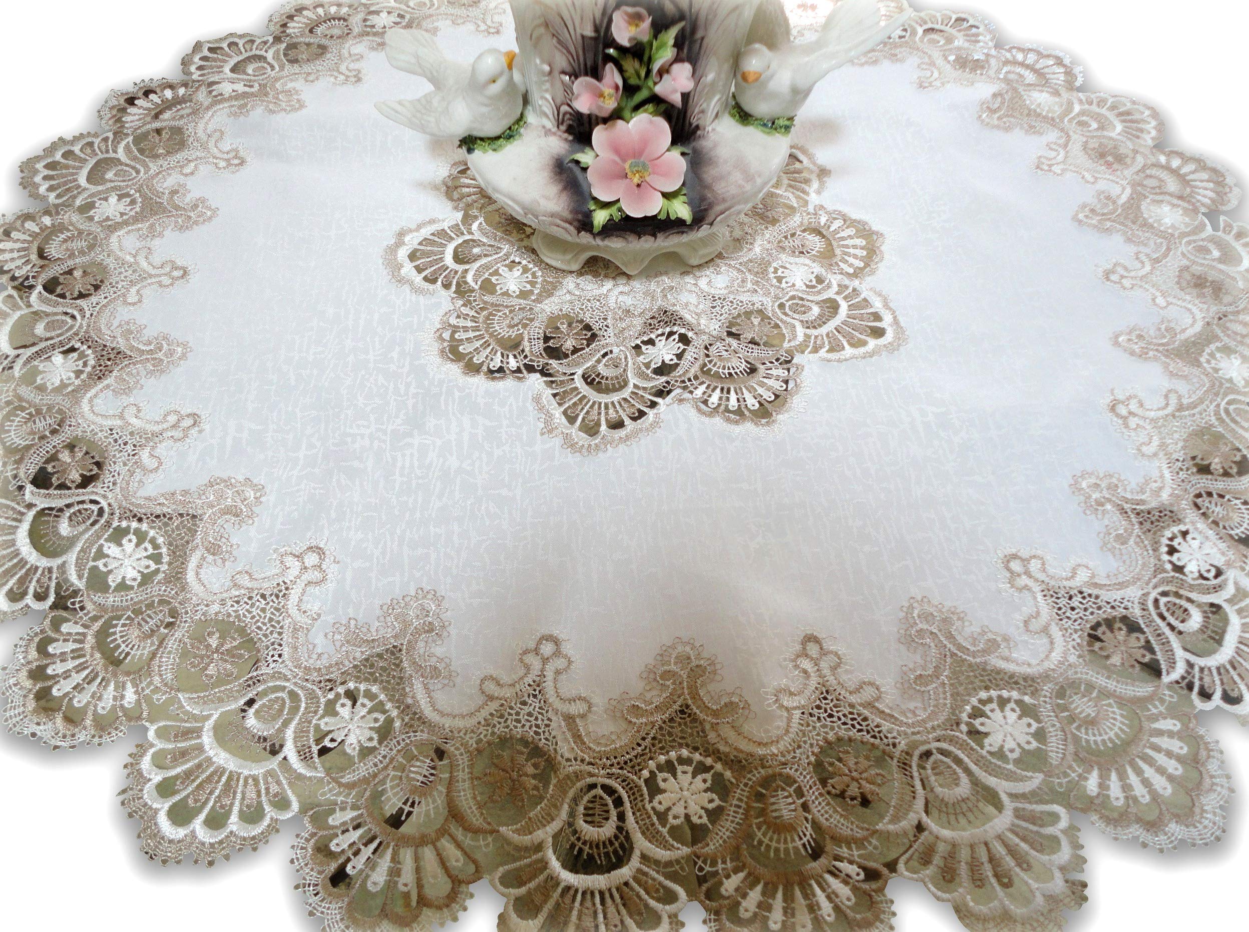 Galleria Di Giovanni 34'' X-Large Lace Doily Table Topper Taupe Neutrals & White Tablecloth Round Dresser Scarf