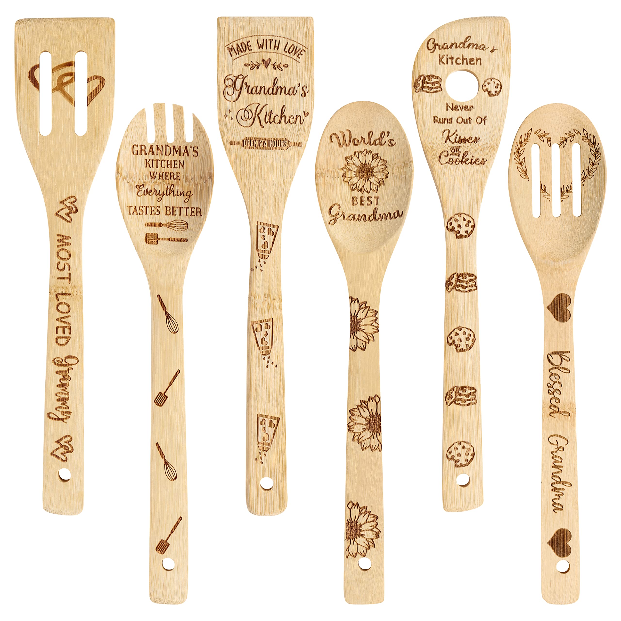 Haooryx 6Pcs Grandma Bamboo Spoons Utensils Set Best Grandma Cooking Utensils Non-Stick Spoons Burned Bamboo Cookware Kitchen Ga