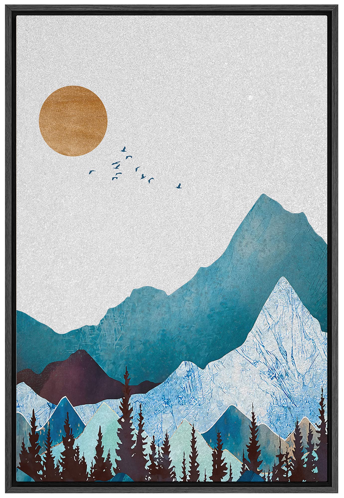 Signford Framed Canvas Print Wall Art Blue Mountains With Granite Effect & Sun Abstract Wilderness Illustrations Modern Art Cont