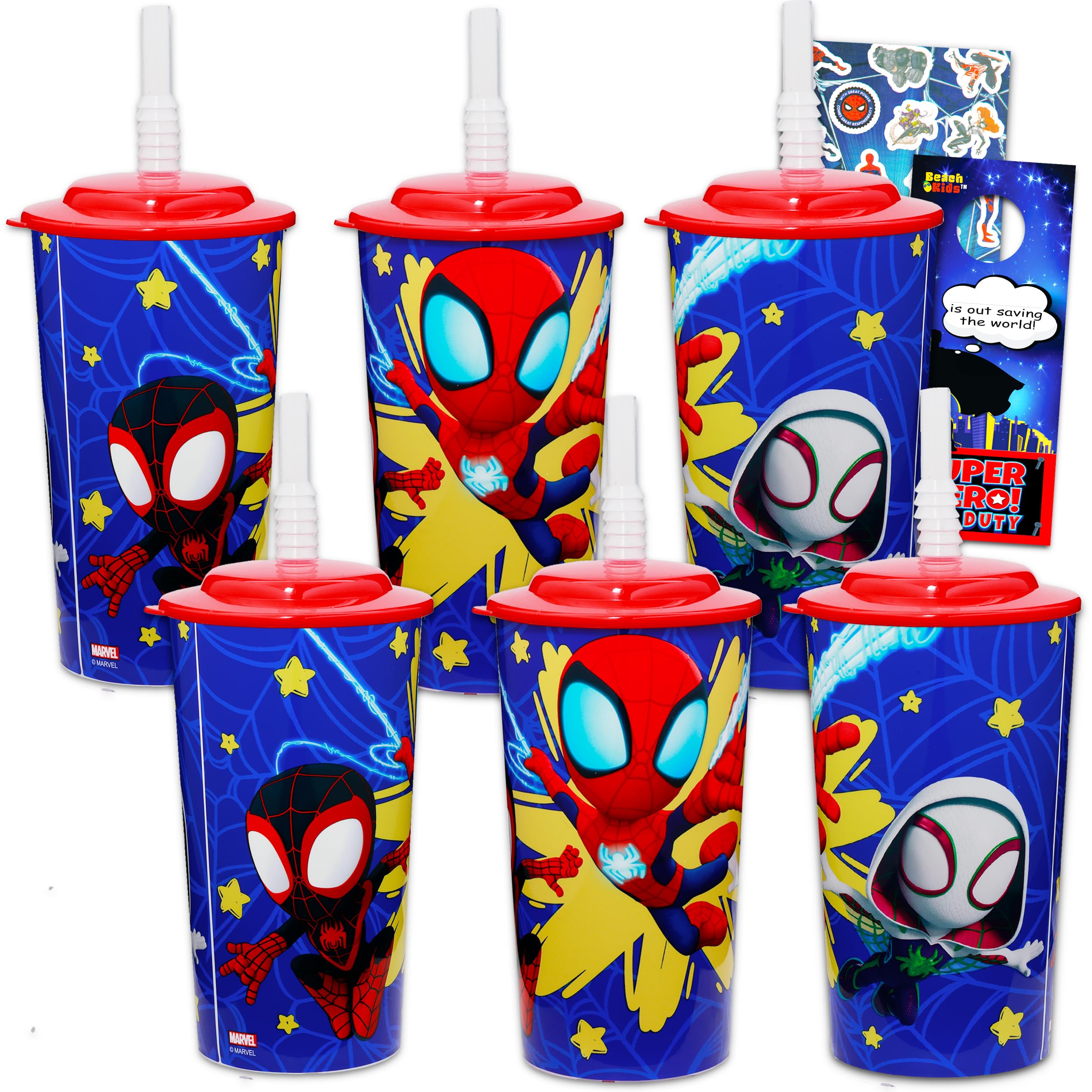 Marvel Spidey 16oz Reusable Tumbler Cups ~ 6pc Bundle Spidey and his Amazing Friends Cups with Straws Plus Stickers for Boys and