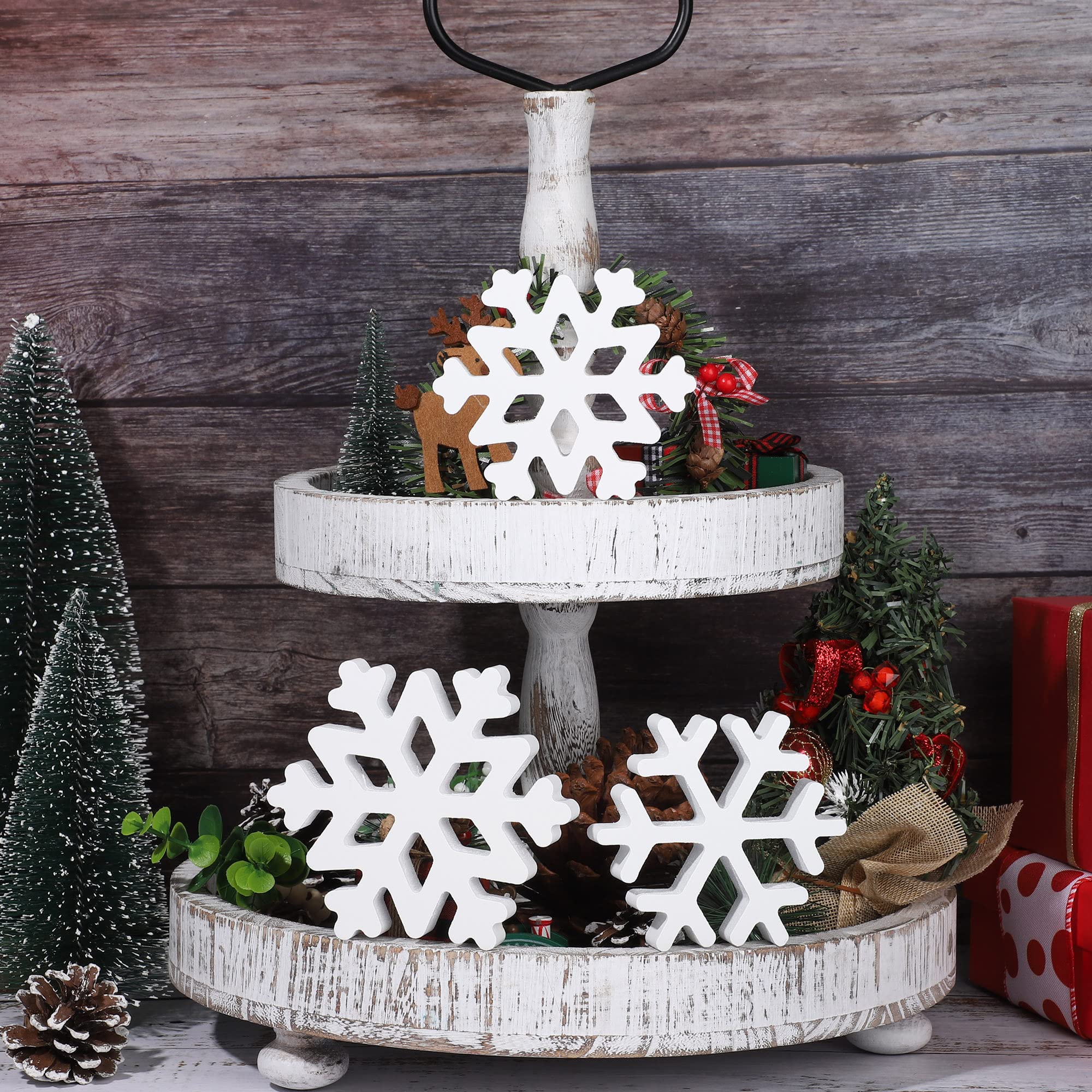 5 Pieces Christmas Wooden Snowflake Decor Winter Snowflake Wood Blocks White Snowflake Table Wood Signs Winter Tiered Tray Woode