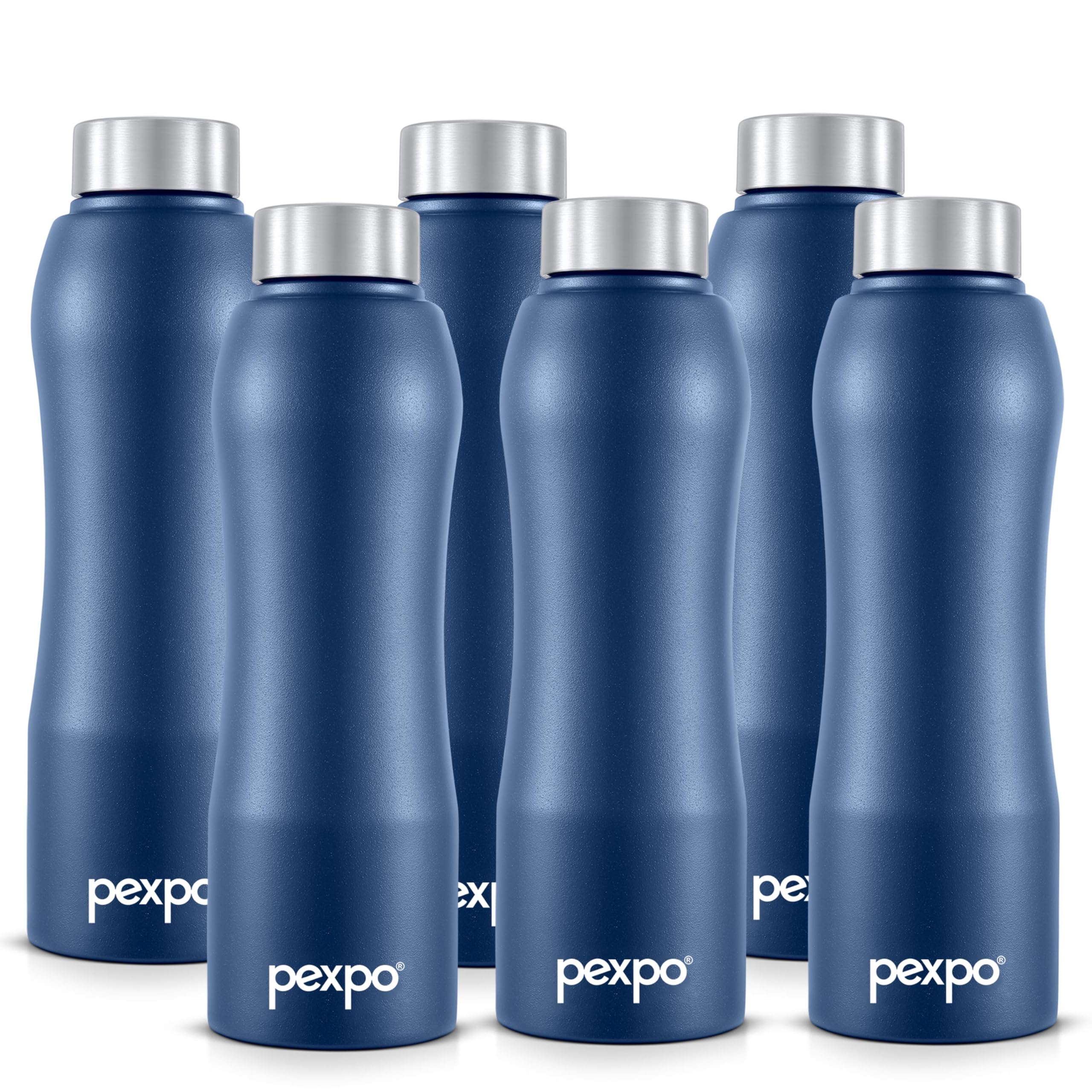 Pexpo Bistro Isi Certified Stainless Steel Fridge/Sports Water Bottle 1 Litre, Denim Blue, Pack Of 6| Single Walled|Easy Grip|Le