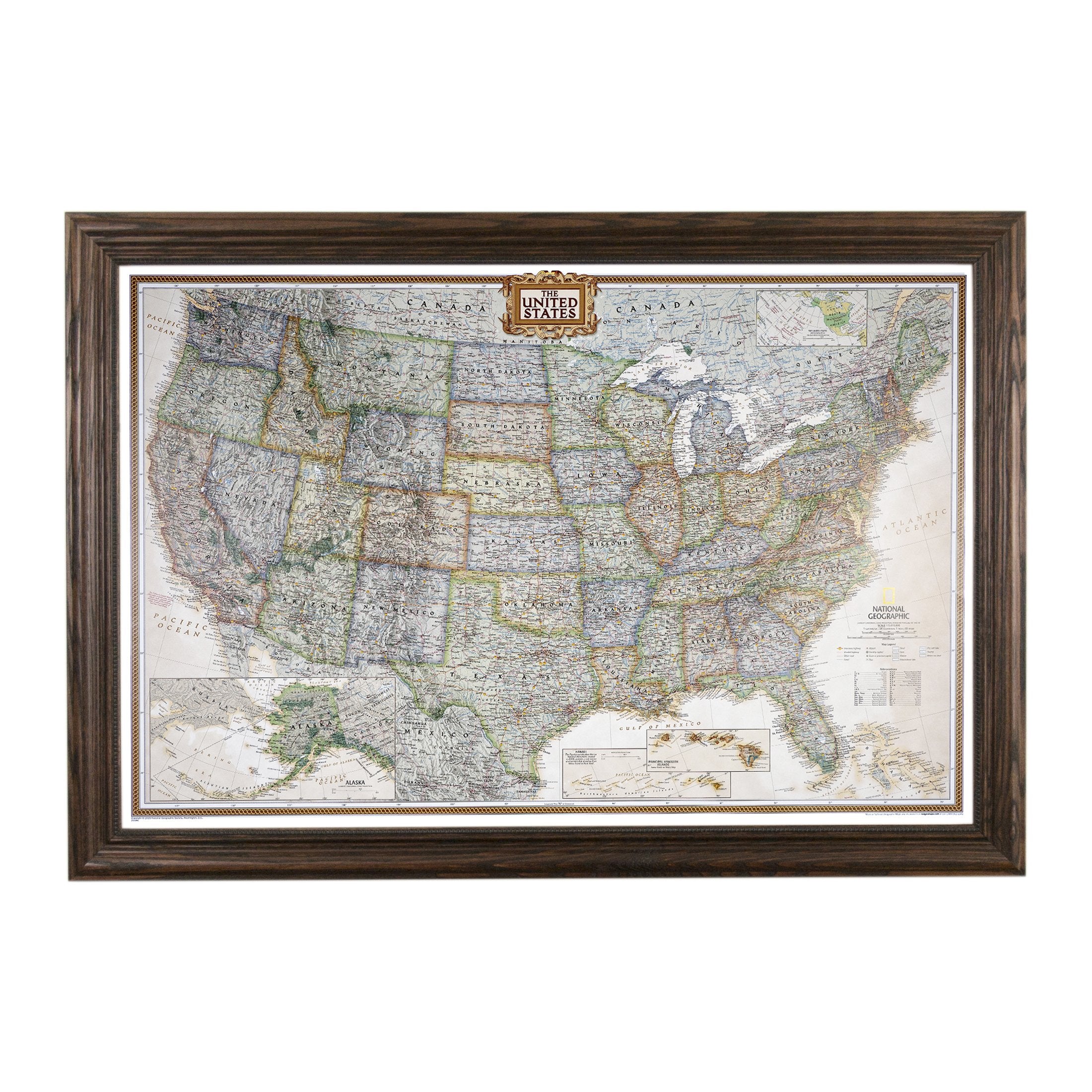 Push Pin Travel Maps - Executive Us - Solid Wood Brown Framed Pin Map For Tracking Your Travels - 27.5'' X 39.5'' - 8 Handcrafte