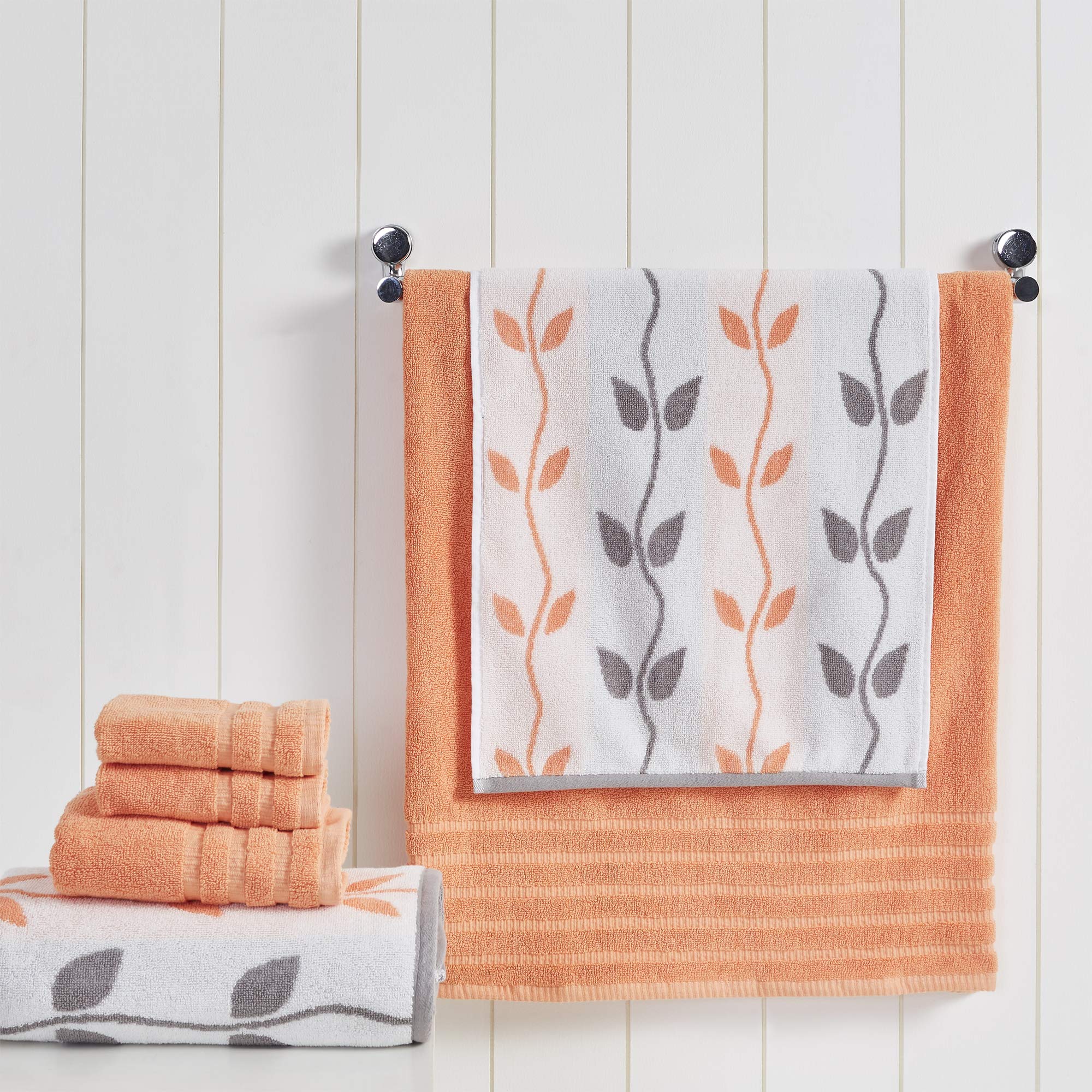 Amrapur Overseas 6-Piece Yarn Dyed Organic Vines Jacquard/Solid Ultra Soft 500Gsm 100% Combed Cotton Towel Set [Coral]