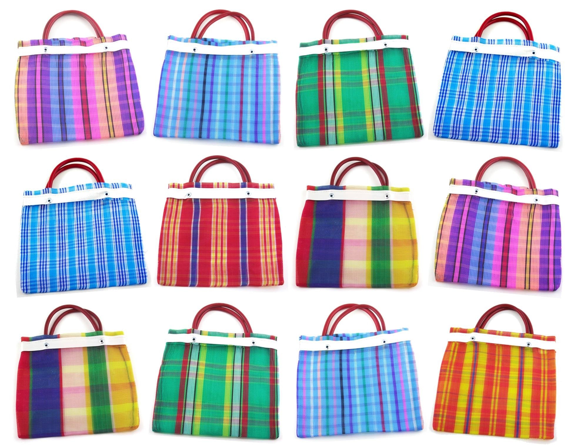 Morefiesta 24 Pcs Small Mexican Tote Mercado Bags 7.5 Inch By 7.5 Inch, Assorted Colors High Thread Mesh - Mini Mexican Mercado