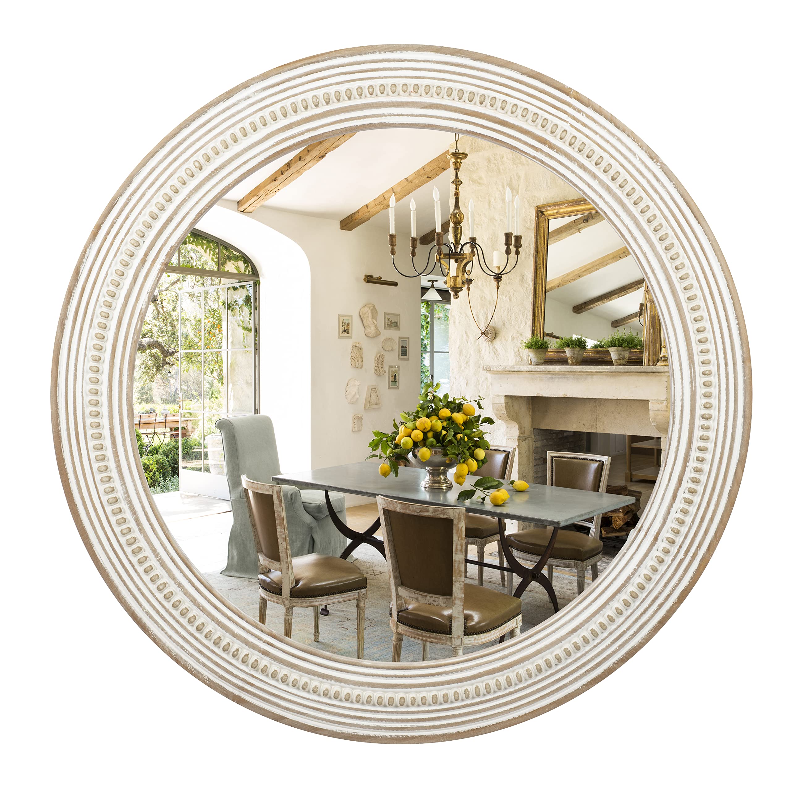 Reflinto 24 Rustic Round Wood Mirror, Distressed Decorative Mirrors for Wall Decor, Farmhouse Circle Mirror Frame with Beads Han