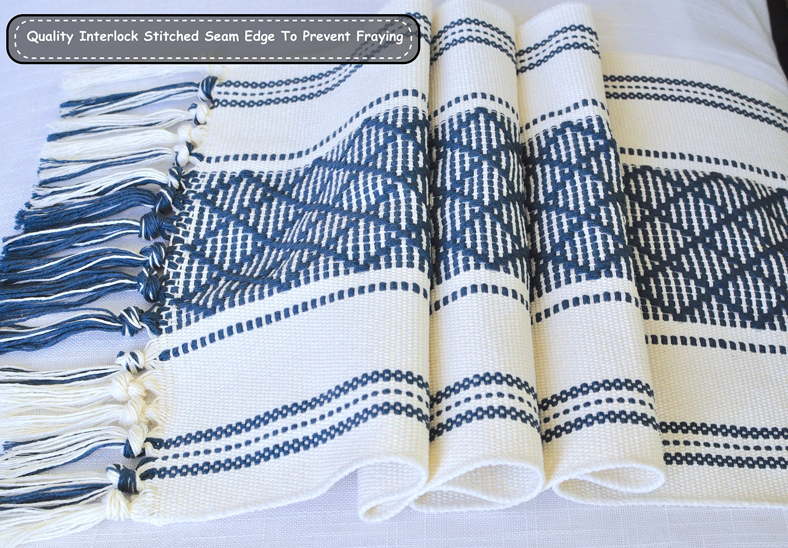 Oveesha Boho Table Runner With Tassel 14 X 72 Inches, Blue & Cream, Woven Washable Dresser Scarf And Topper For Bedroom, Farmhou