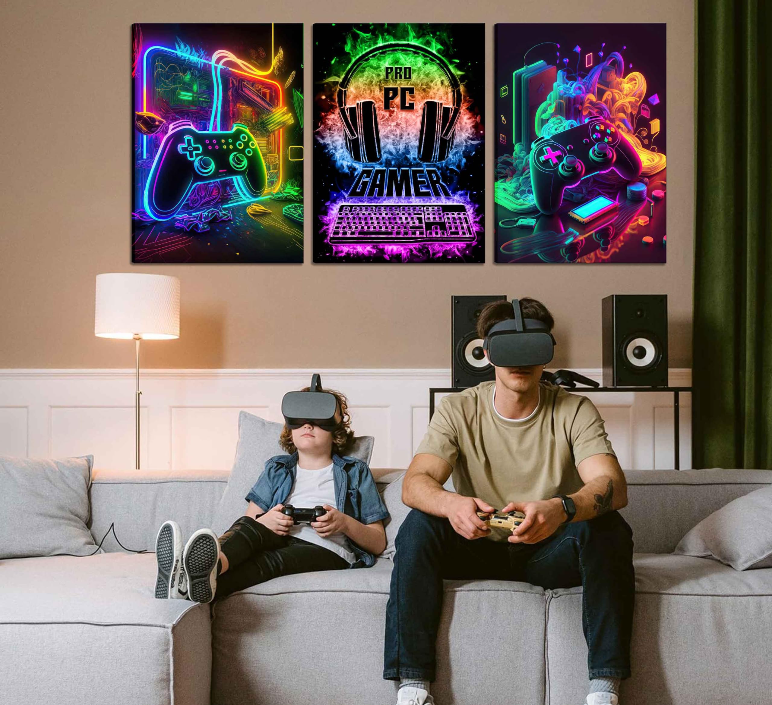 Nbyartq 3Pcs Cool Gaming Wall Art Retro Video Gamer Watercolor Posters Pictures Colorful Neon Gamepad Canvas Painting Prints For