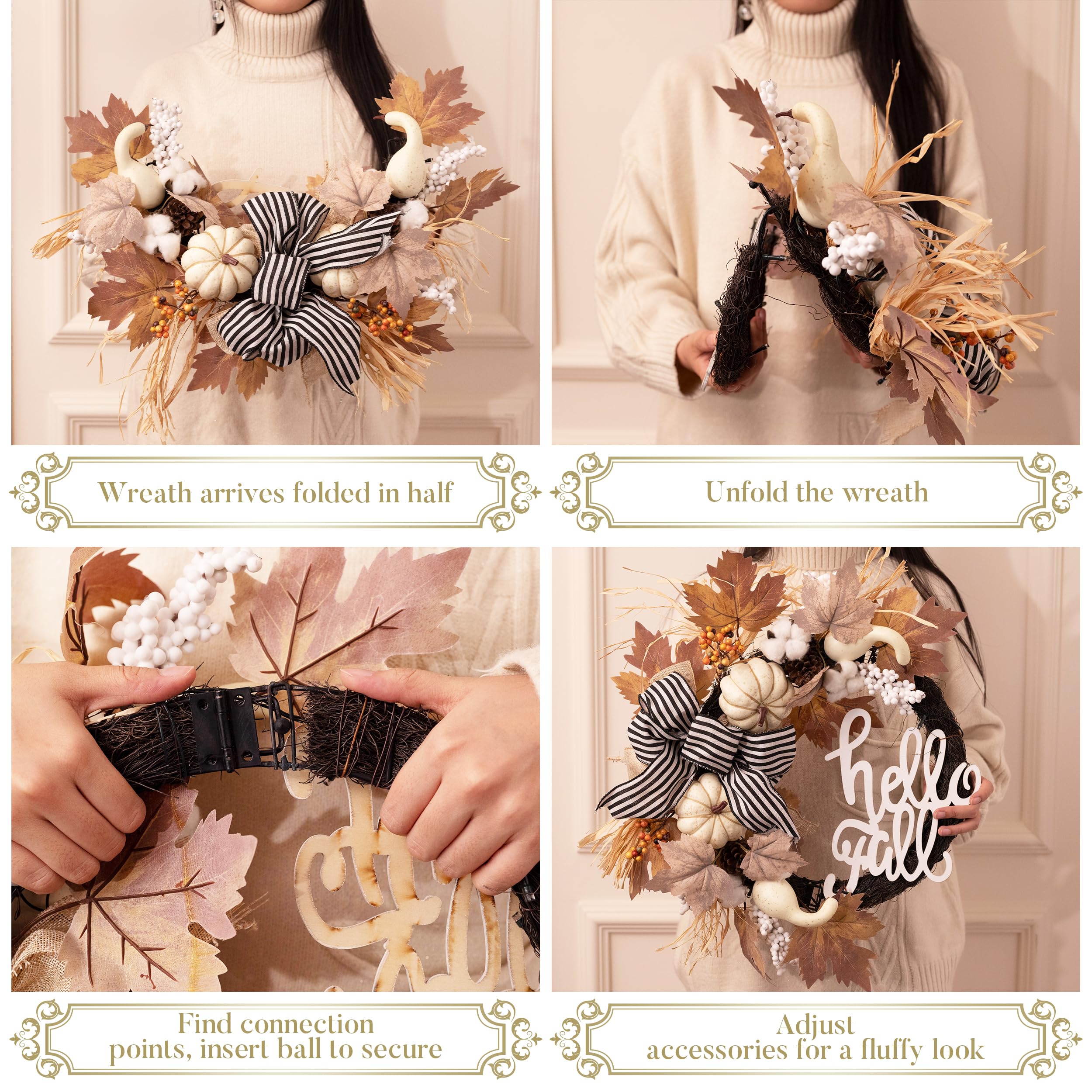 Valery Madelyn 22'' Collapsible Fall Wreaths for Front Door, Neutral Autumn Door Wreath with Lights Pumpkins Bow Outdoor Fall Ha