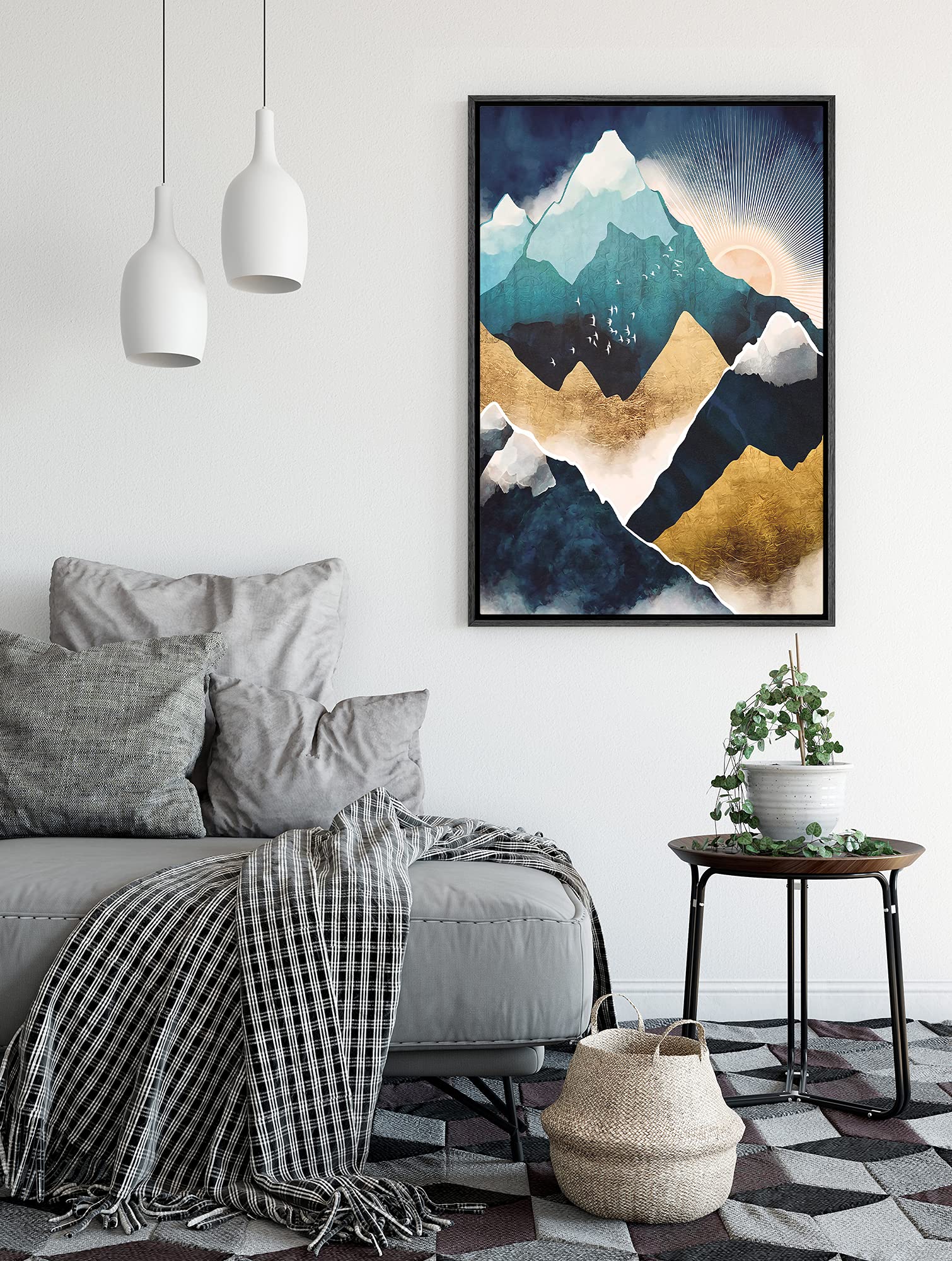 Signford Framed Canvas Print Wall Art Teal & Gold Mountains In The Clouds Abstract Wilderness Illustrations Modern Art Contempor