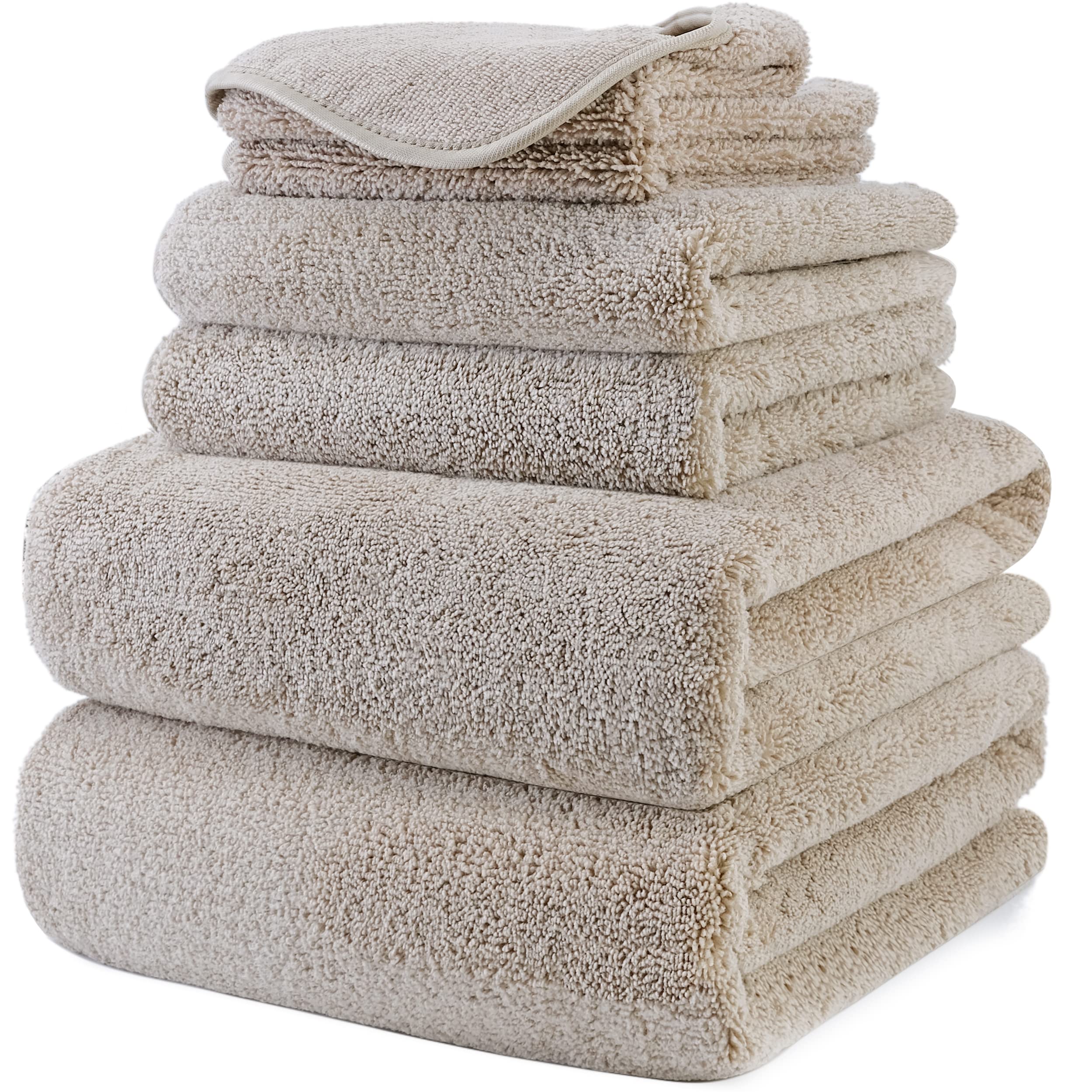 Polyte Oversize, 60 X 30 In., Quick Dry Lint Free Microfiber Bath Towel Set, 6 Piece (Beige)