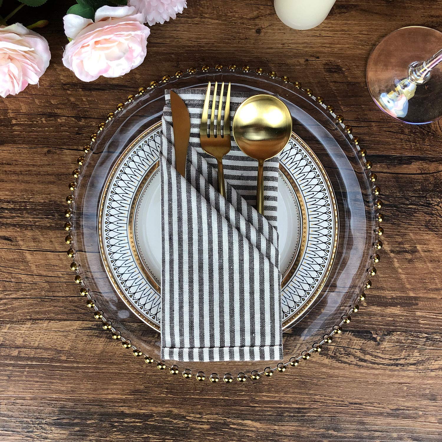 Infei Plain Striped Cotton Linen Blended Dinner Cloth Napkins - Set Of 12 (17 X 17 Inches) - For Events & Home Use (Brown)