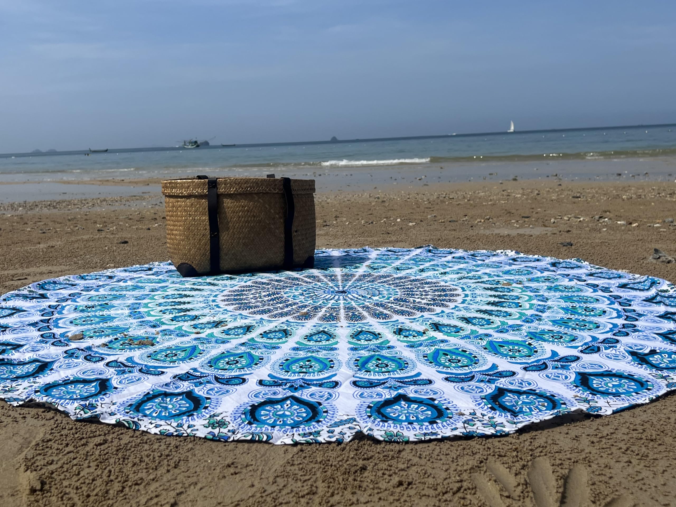 Raajsee White Blue Mandala Round Beach Tapestry Hippie/Boho Beach Blanket Roundie/Indian Cotton Throw Bohemian Round Table Cloth