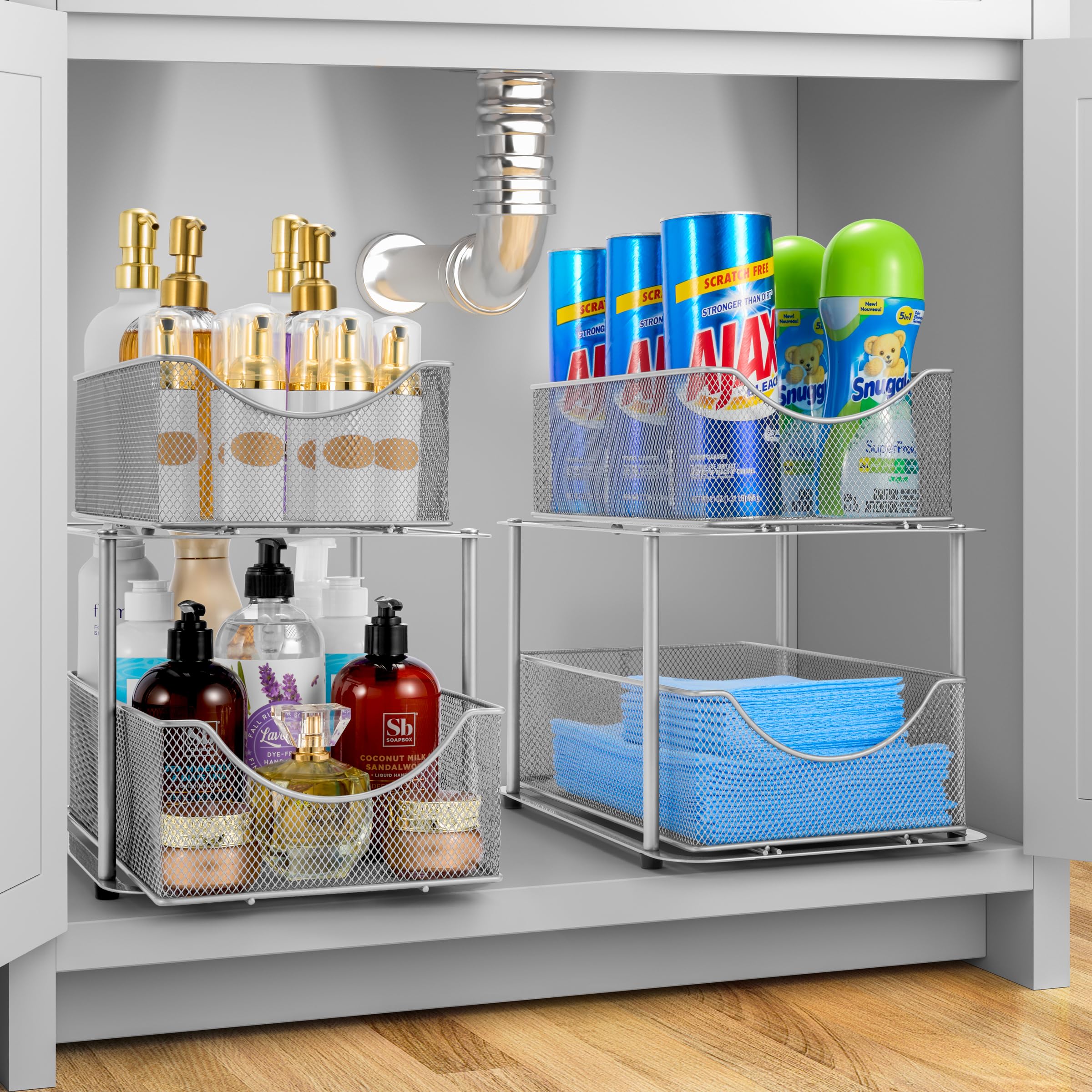 Sorbus 2 Tier Metal Under Sink Organizer For Bathroom, Kitchen, Strong Steel Mesh Sliding Drawers For Under Sink, Under Cabinet,