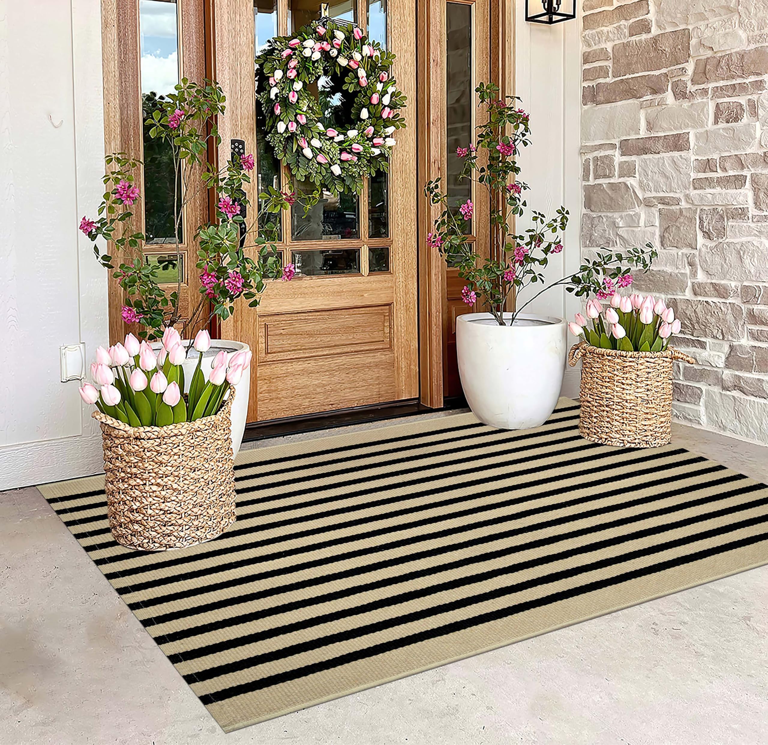 BUAGETUP Outdoor Rug 3x 5,Black and Khaki Striped Porch Rug Cotton Woven Washable Rug Indoor/Outdoor Area Rug Floor Mat for Fa